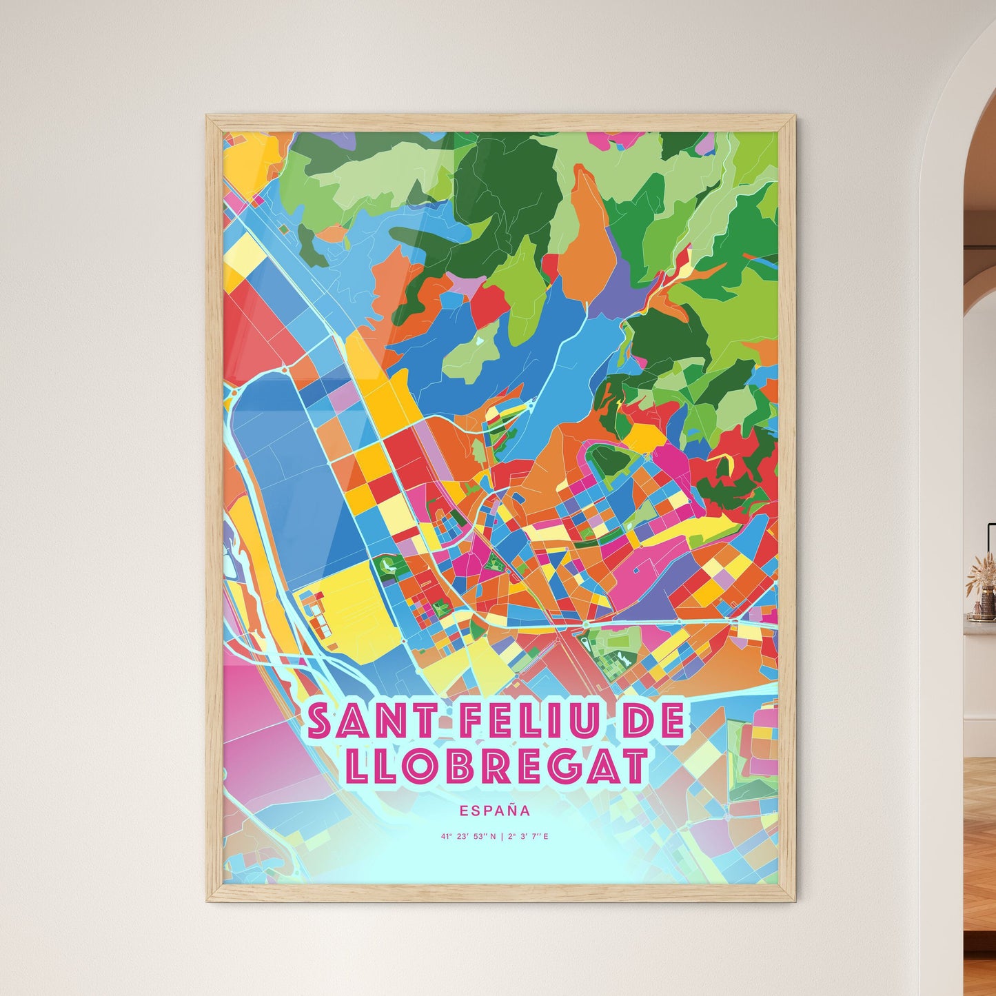 Colorful SANT FELIU DE LLOBREGAT SPAIN Fine Art Map Crazy Colors