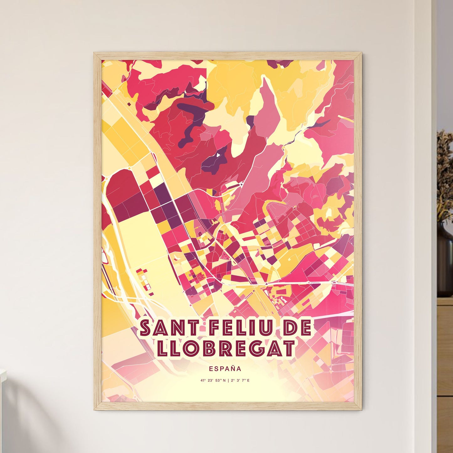 Colorful SANT FELIU DE LLOBREGAT SPAIN Fine Art Map Hot Red