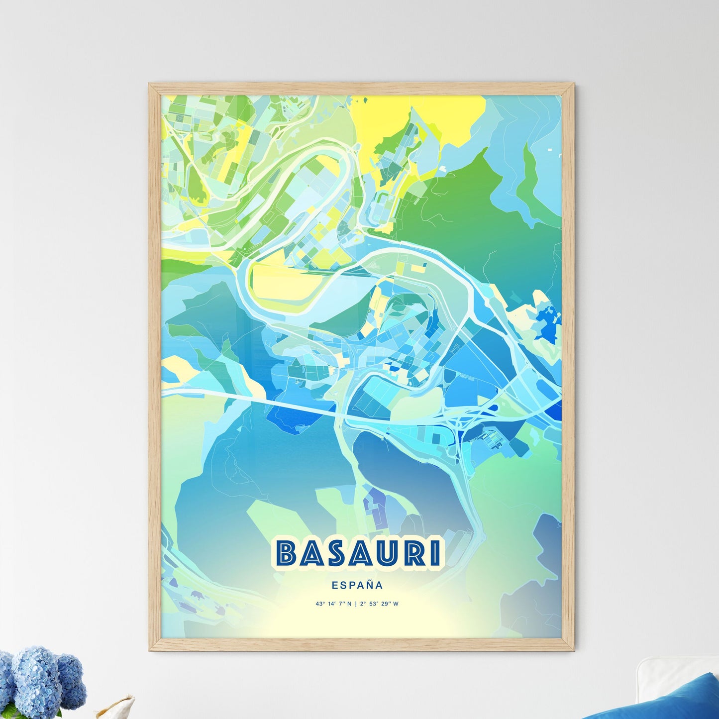 Colorful BASAURI SPAIN Fine Art Map Cool Blue