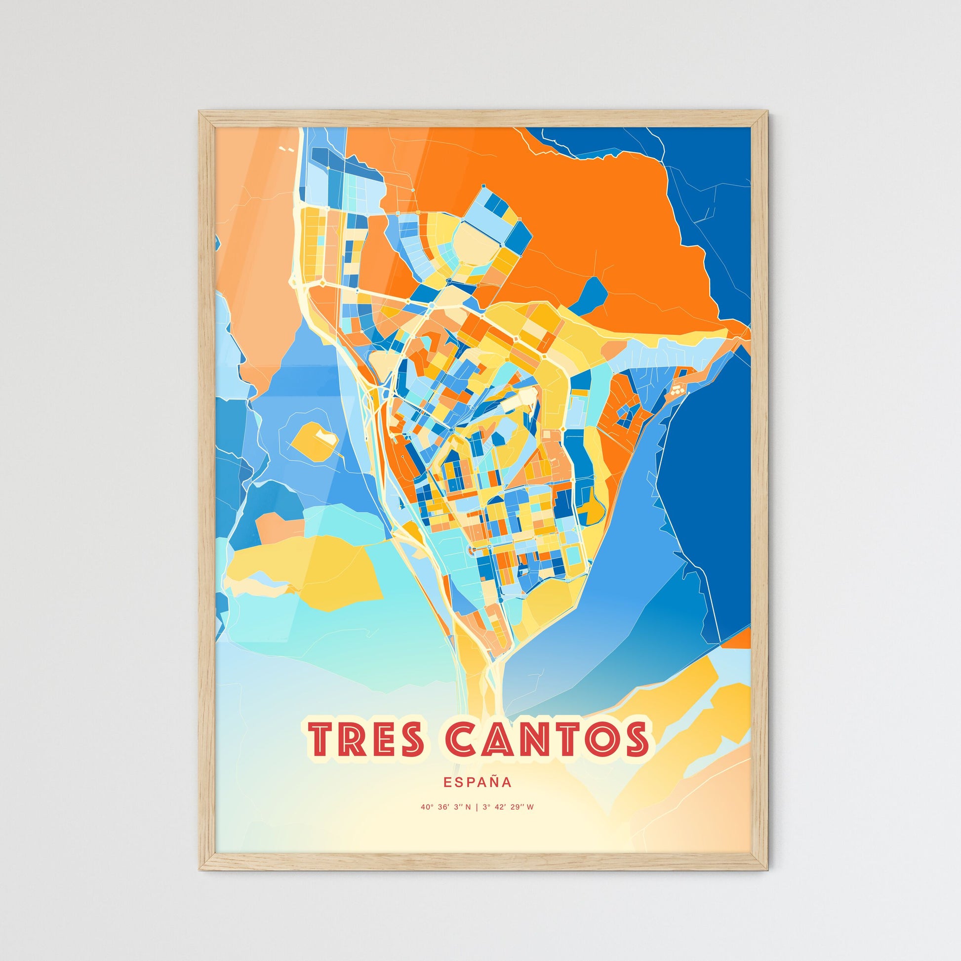 Colorful TRES CANTOS SPAIN Fine Art Map Blue Orange