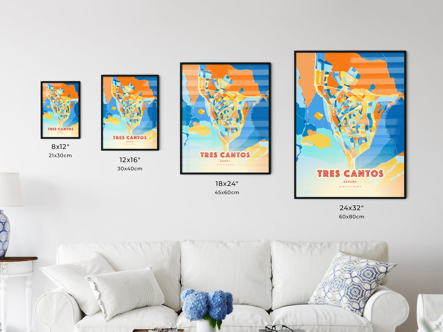 Colorful TRES CANTOS SPAIN Fine Art Map Blue Orange