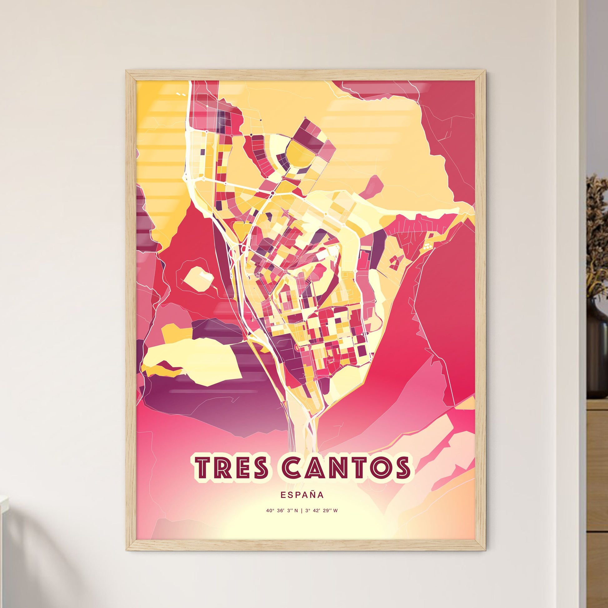 Colorful TRES CANTOS SPAIN Fine Art Map Hot Red