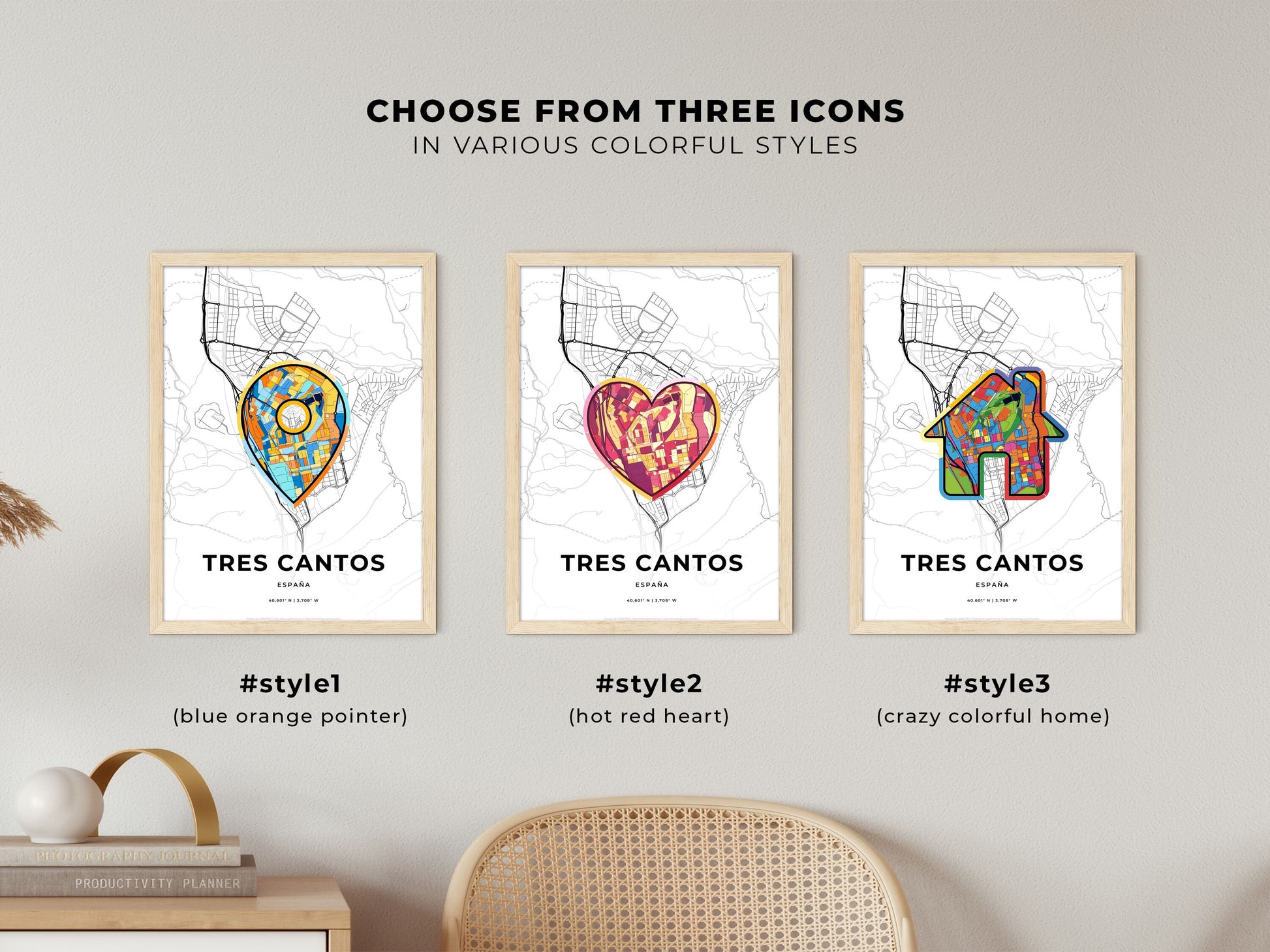 Tres Cantos Spain maps with colorful icons