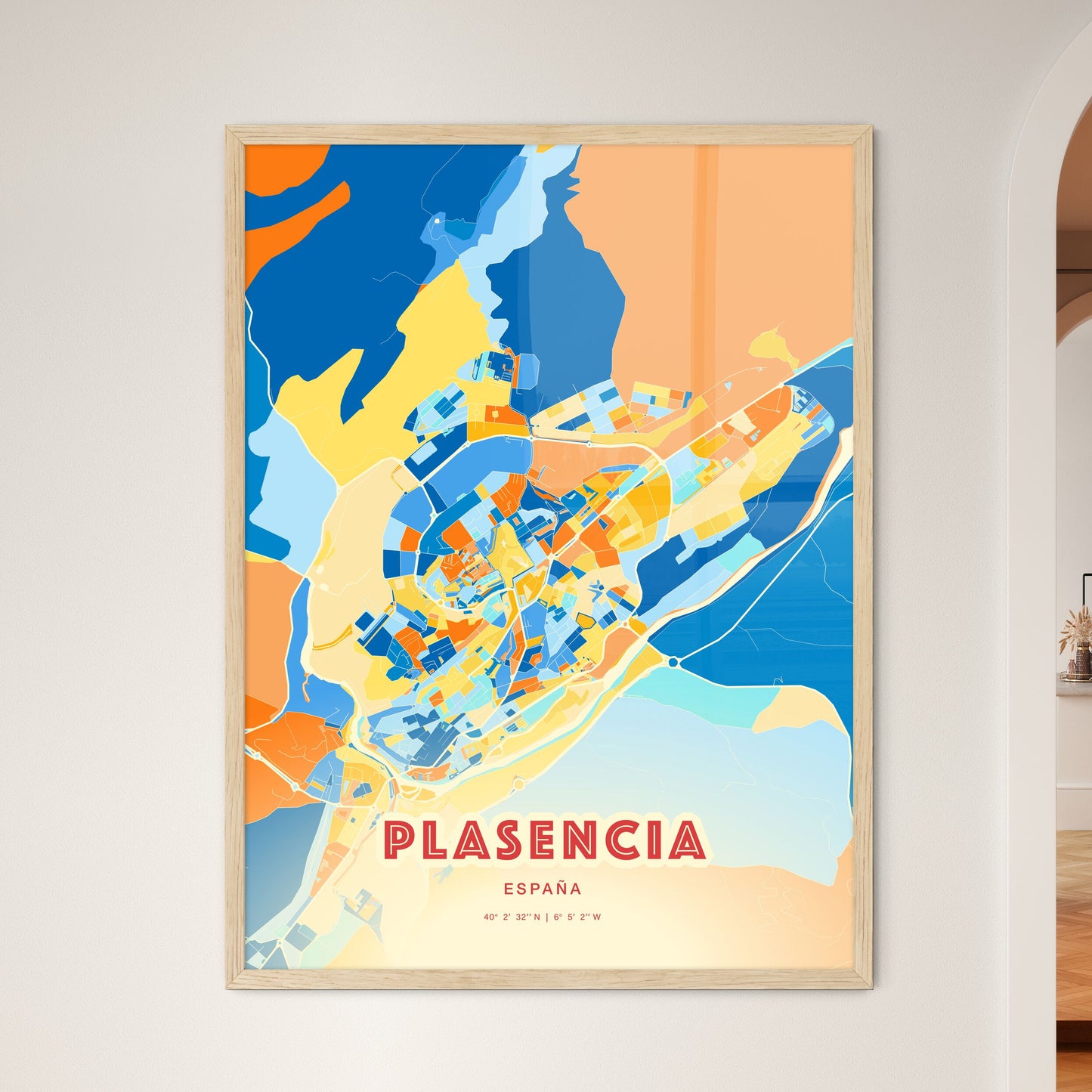 Colorful PLASENCIA SPAIN Fine Art Map Blue Orange