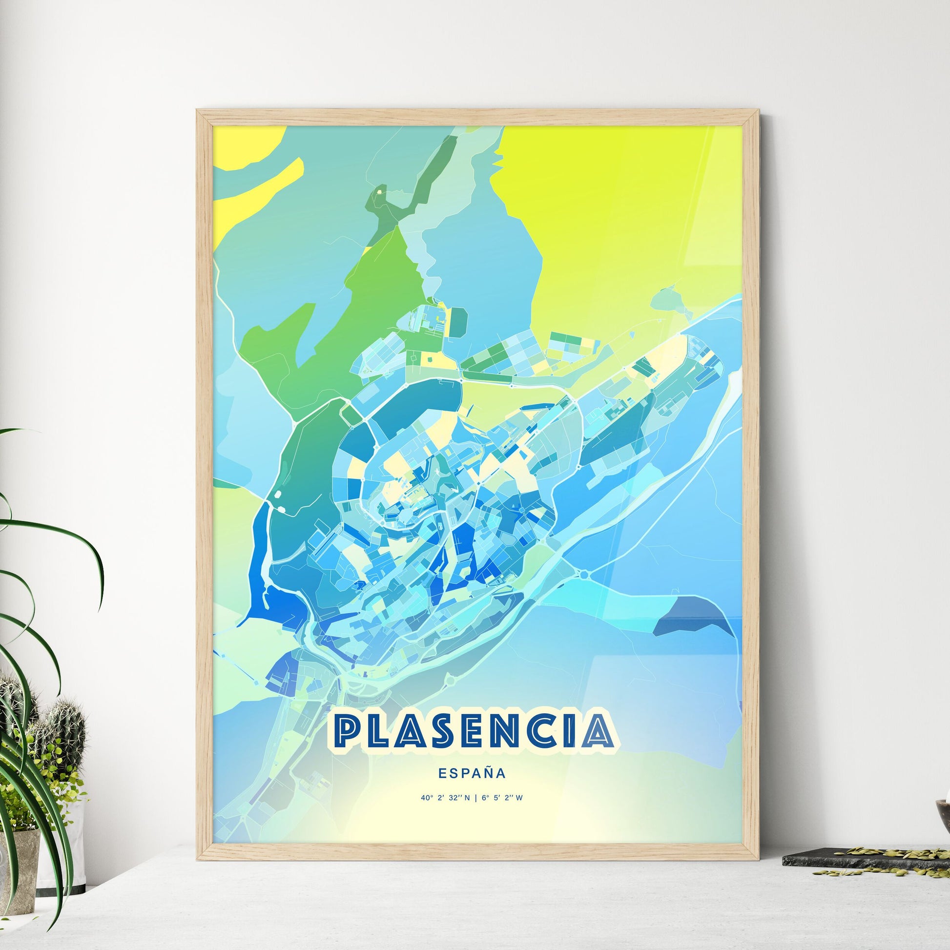 Colorful PLASENCIA SPAIN Fine Art Map Cool Blue