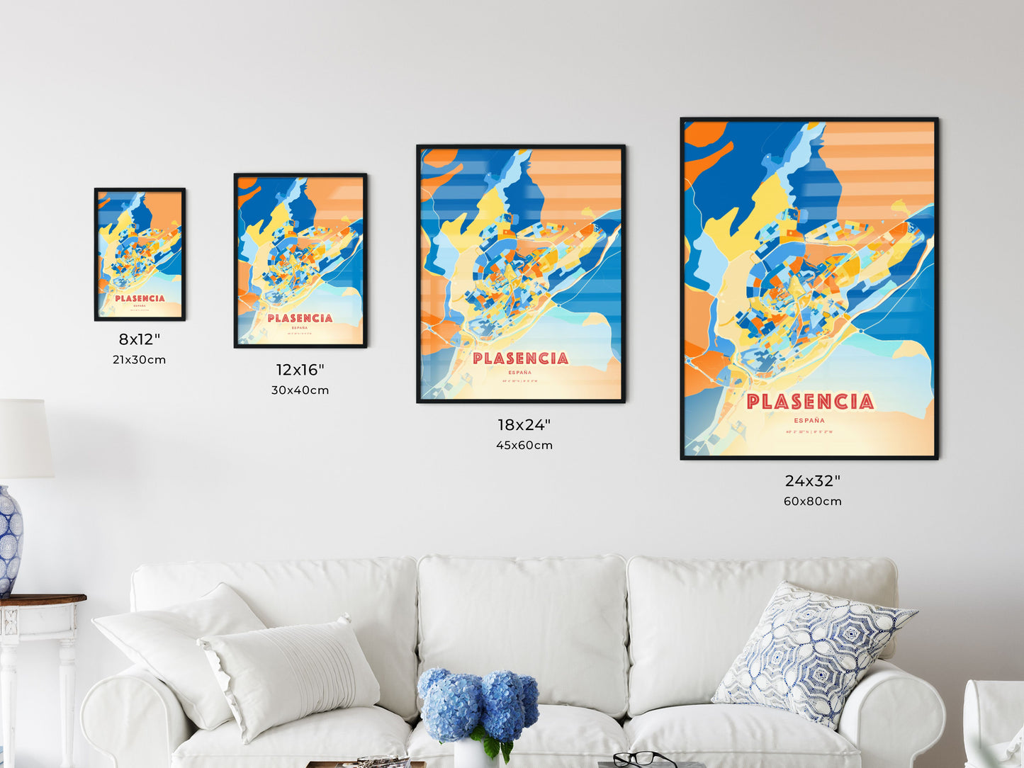 Colorful PLASENCIA SPAIN Fine Art Map Blue Orange