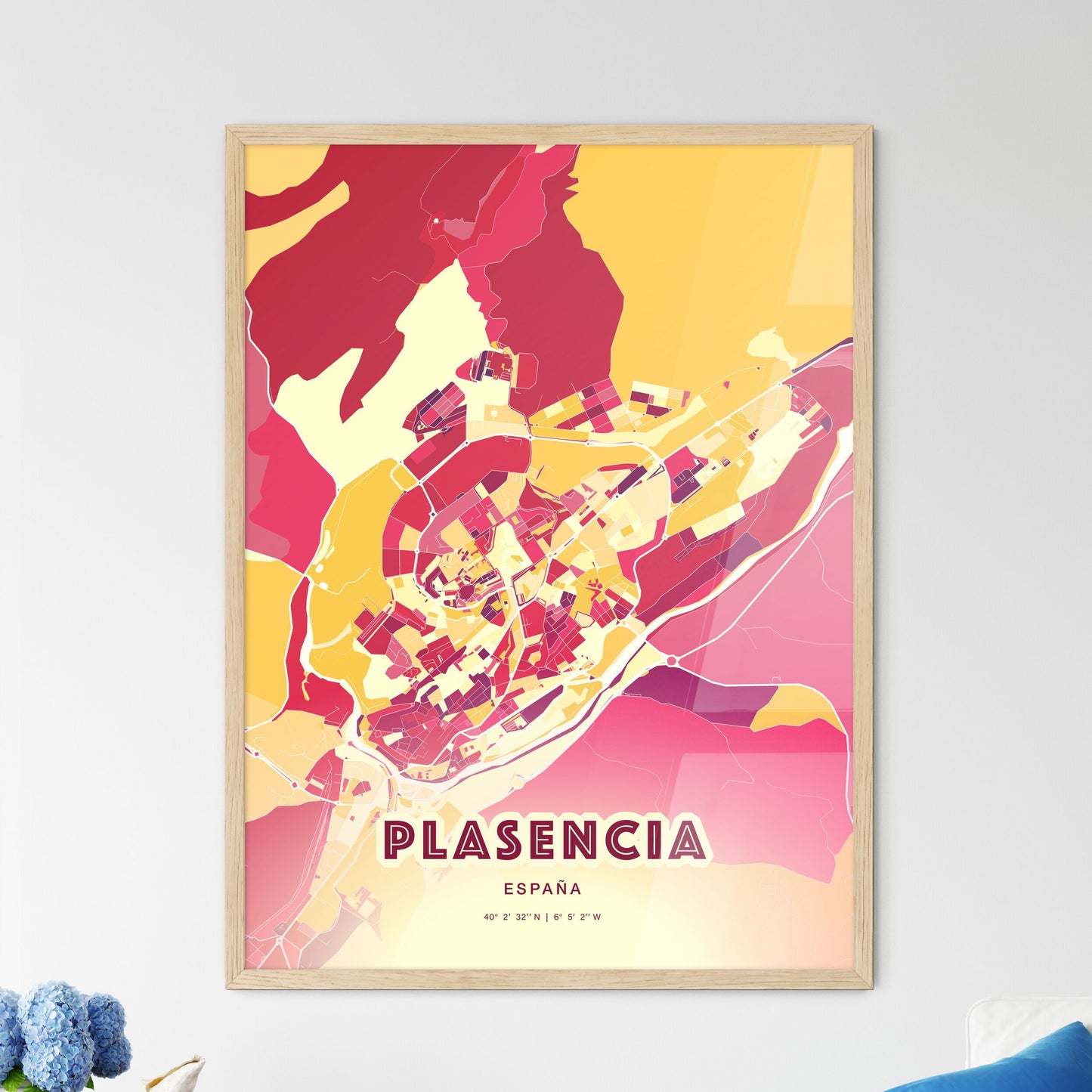 Colorful PLASENCIA SPAIN Fine Art Map Hot Red