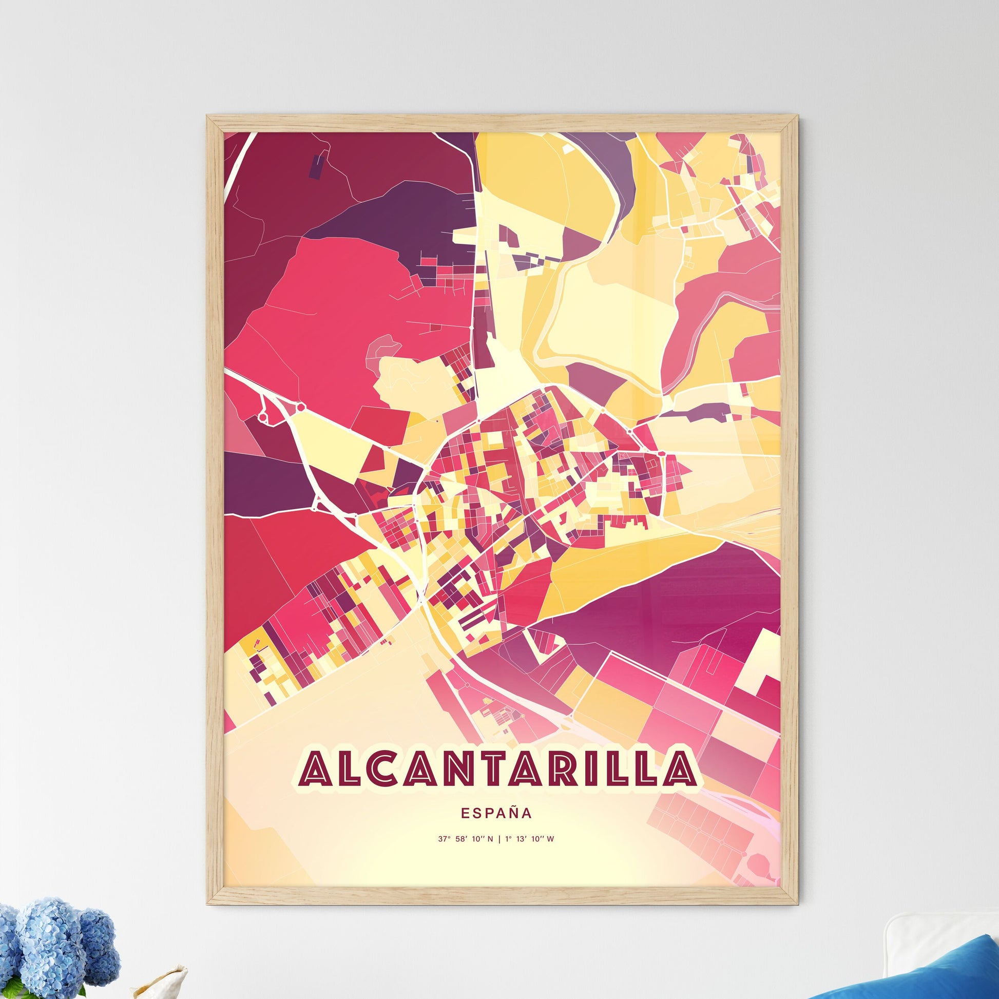 Colorful ALCANTARILLA SPAIN Fine Art Map Hot Red