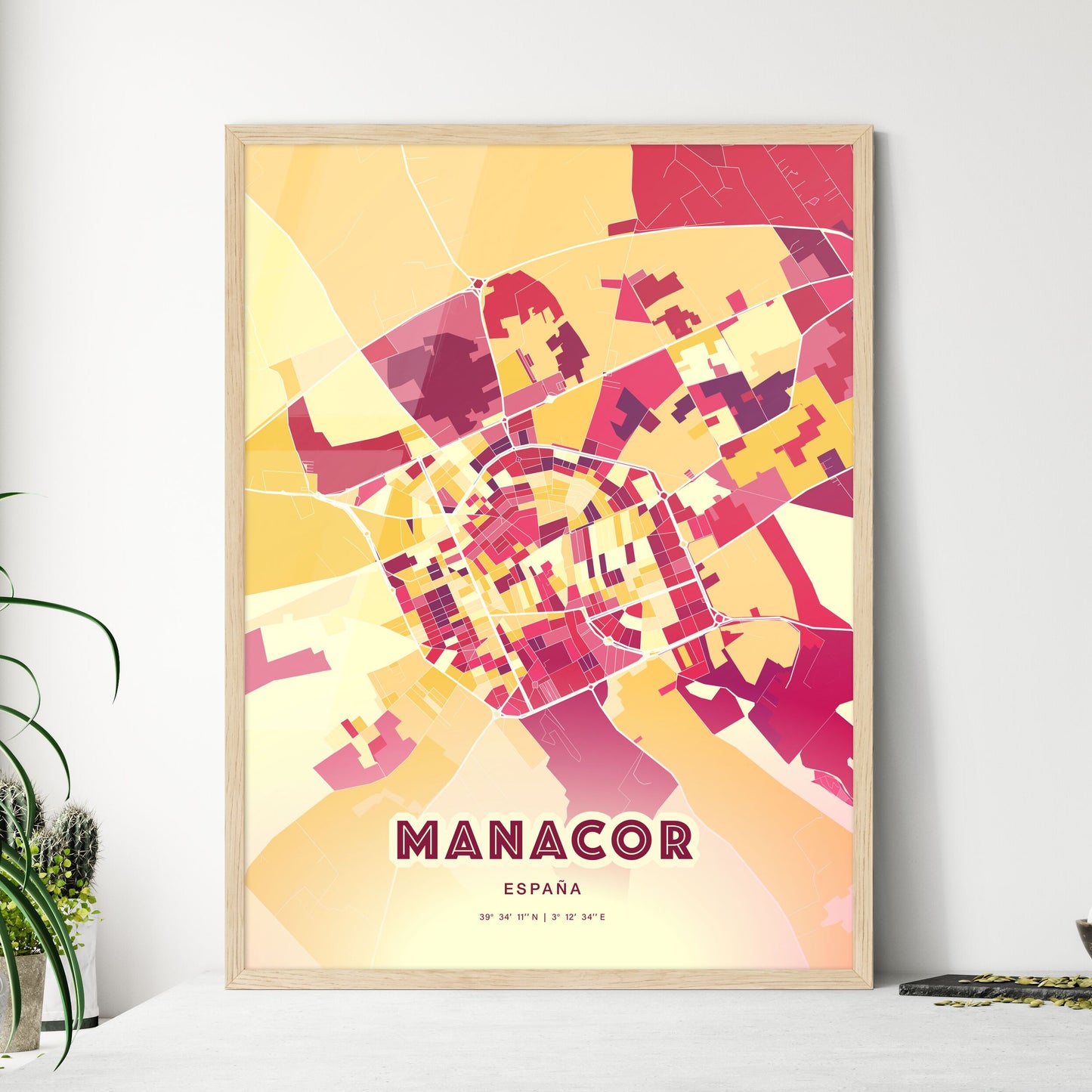 Colorful MANACOR SPAIN Fine Art Map Hot Red