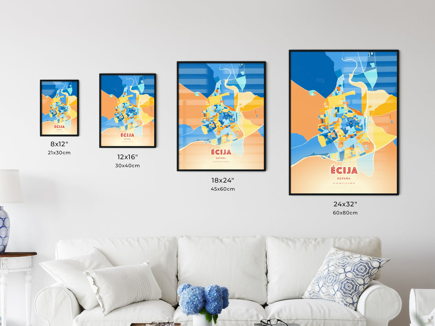 Colorful ÉCIJA SPAIN Fine Art Map Blue Orange