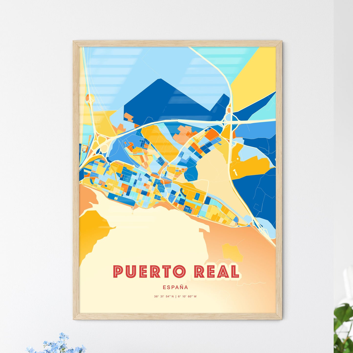 Colorful PUERTO REAL SPAIN Fine Art Map Blue Orange