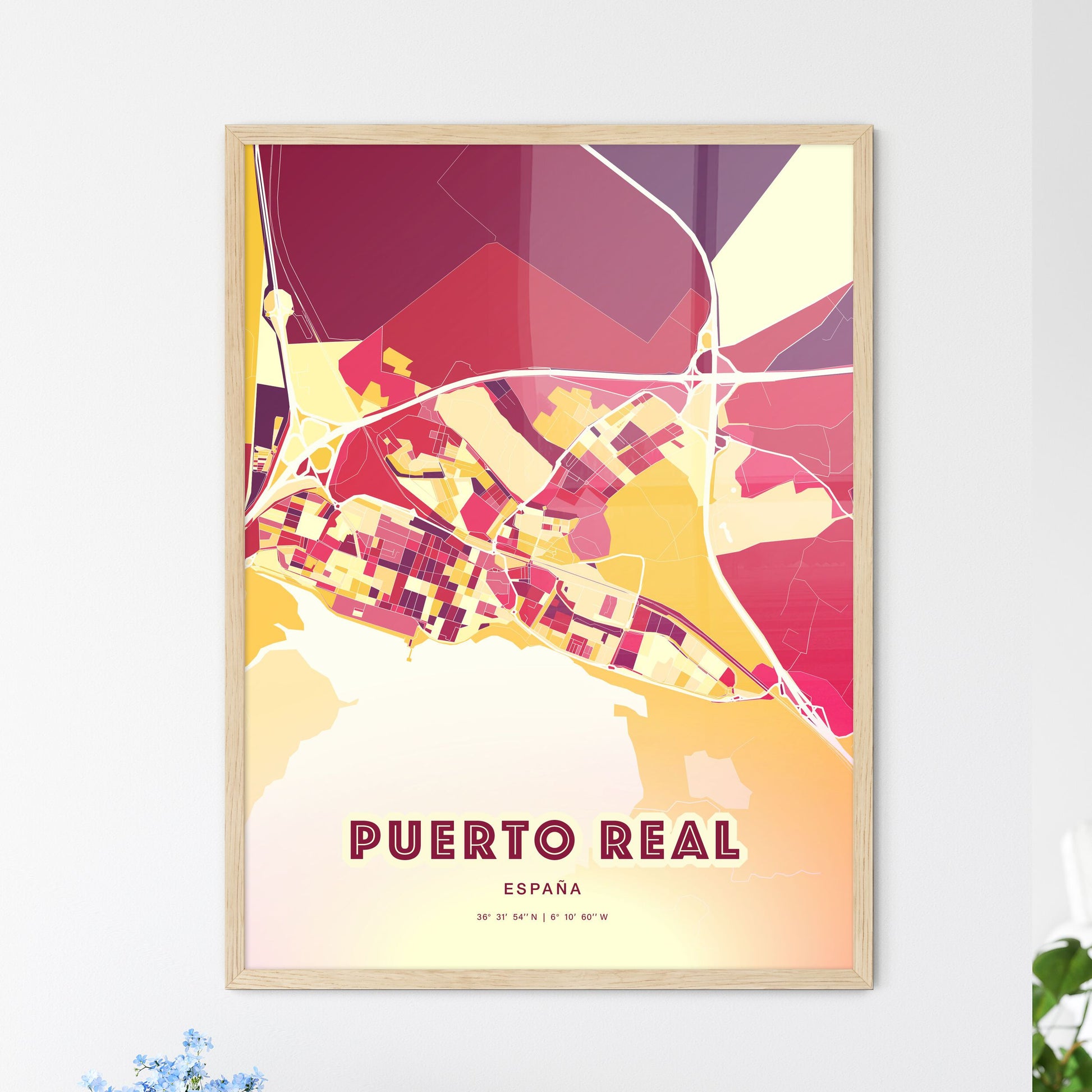 Colorful PUERTO REAL SPAIN Fine Art Map Hot Red