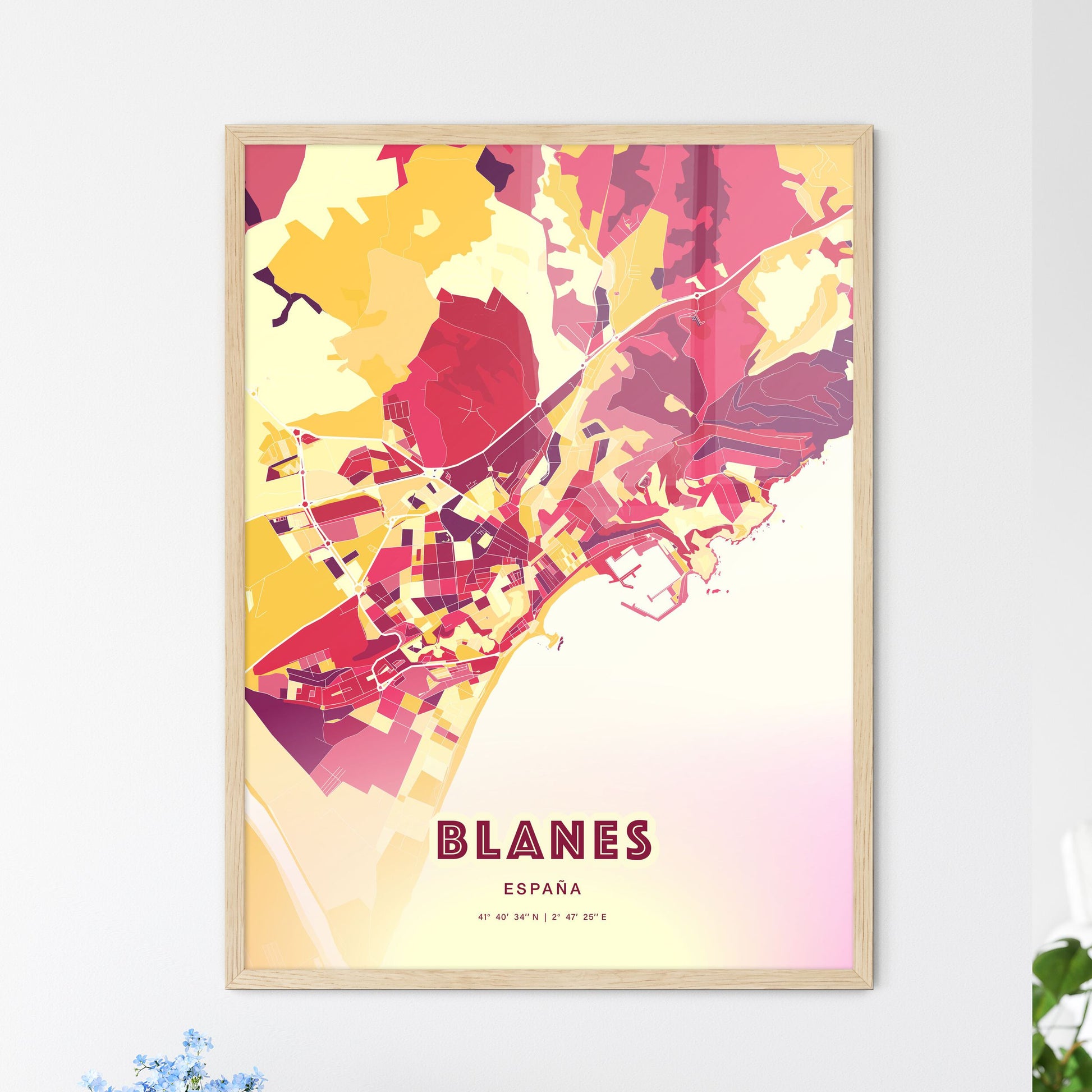 Colorful BLANES SPAIN Fine Art Map Hot Red