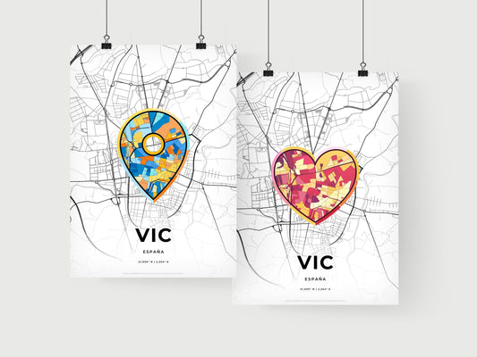 VIC SPAIN minimal art map with a colorful icon. Where it all began, Couple map gift.