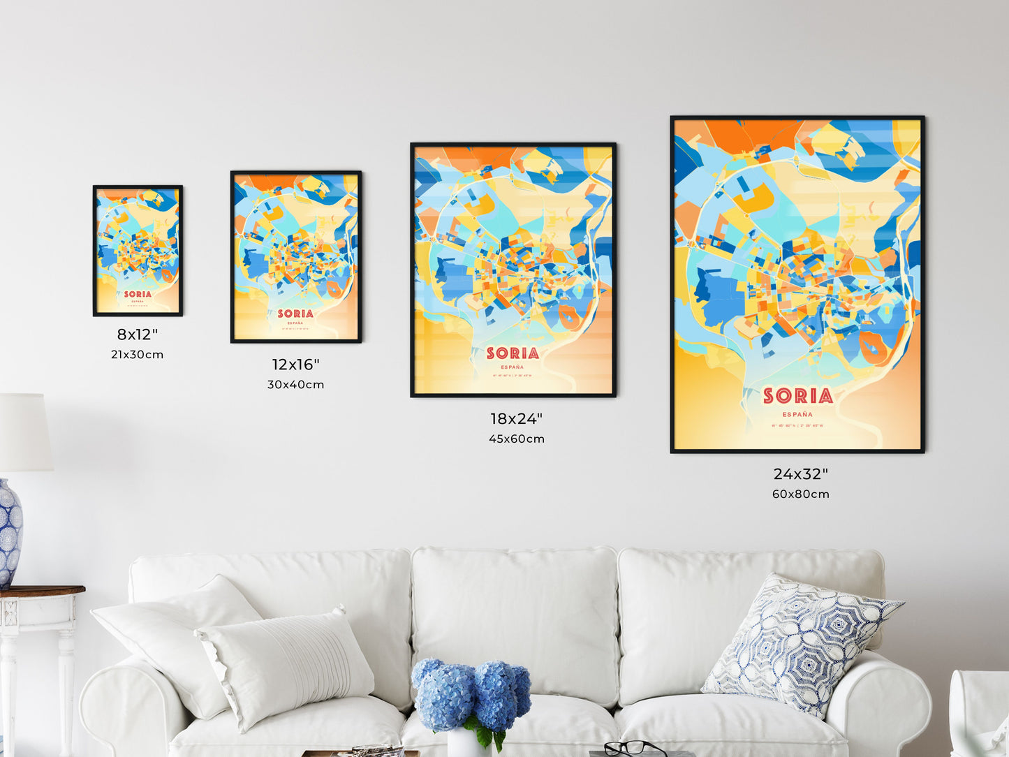 Colorful SORIA SPAIN Fine Art Map Blue Orange