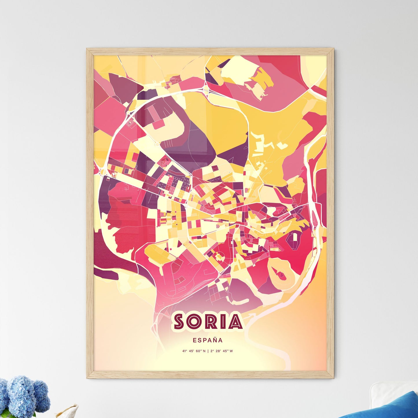 Colorful SORIA SPAIN Fine Art Map Hot Red