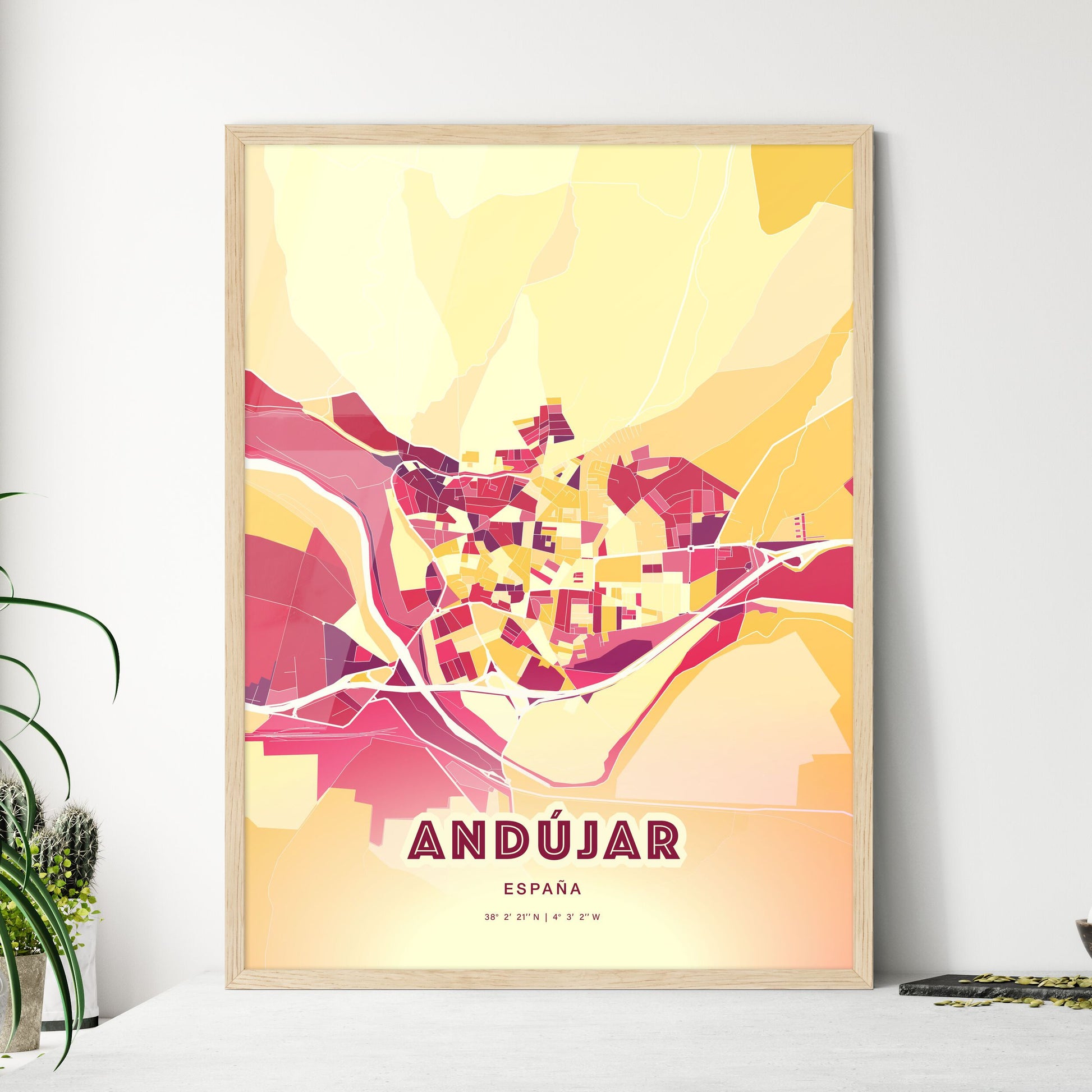 Colorful ANDÚJAR SPAIN Fine Art Map Hot Red