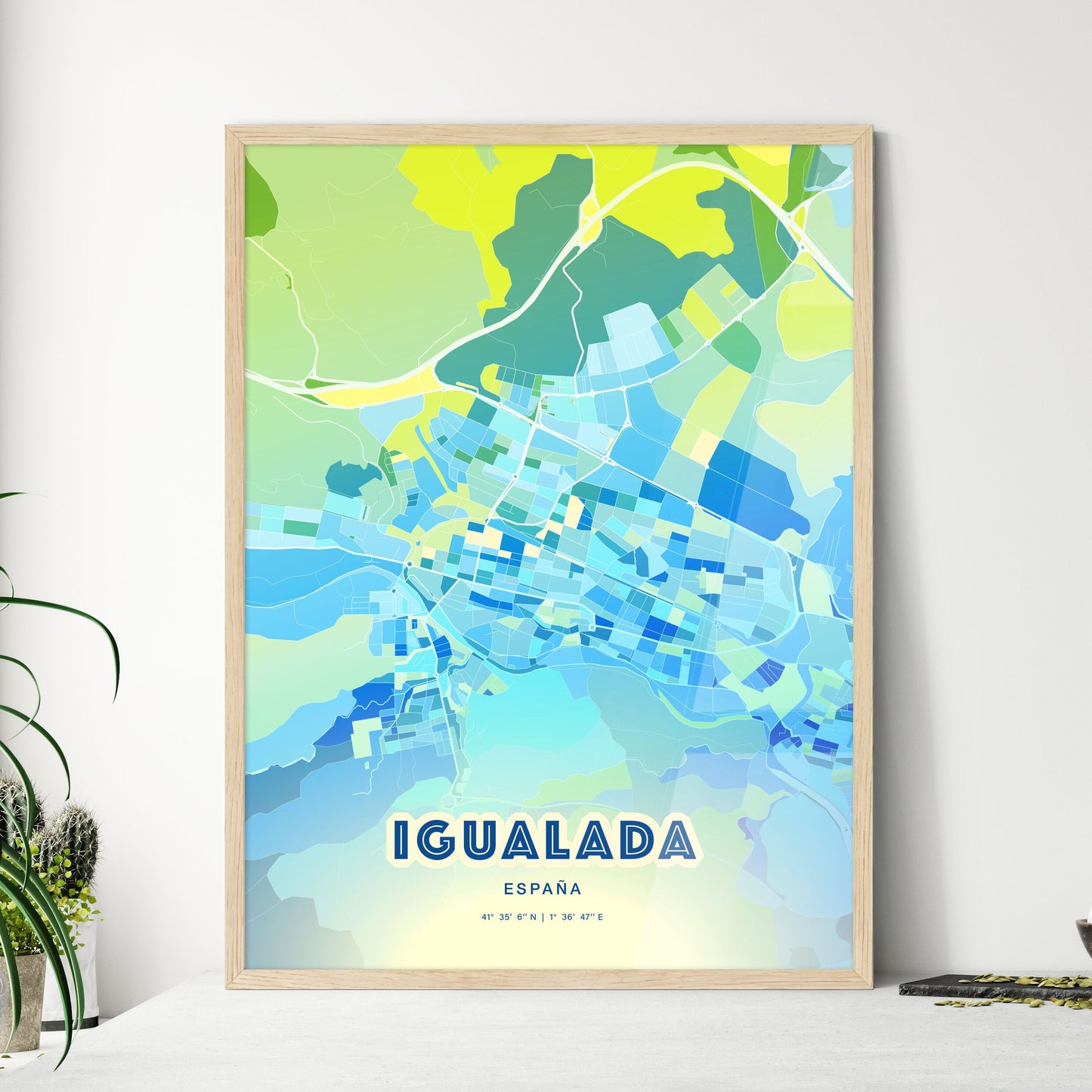 Colorful IGUALADA SPAIN Fine Art Map Cool Blue