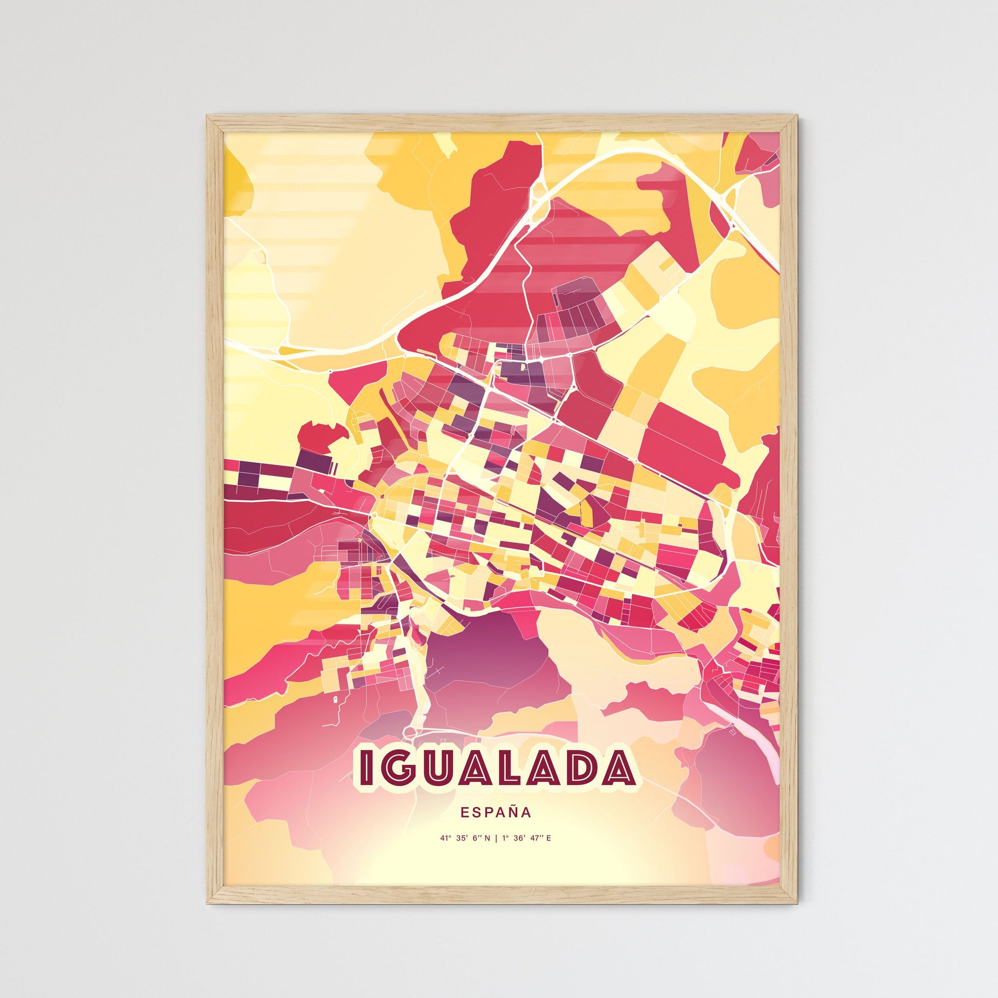 Colorful IGUALADA SPAIN Fine Art Map Hot Red