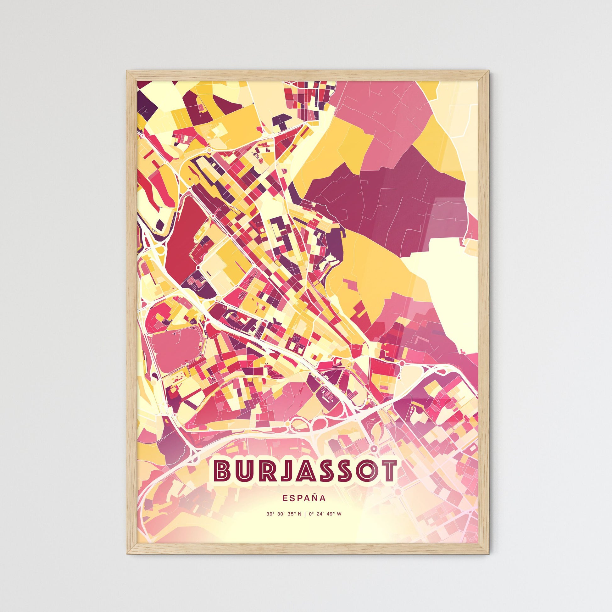 Colorful BURJASSOT SPAIN Fine Art Map Hot Red