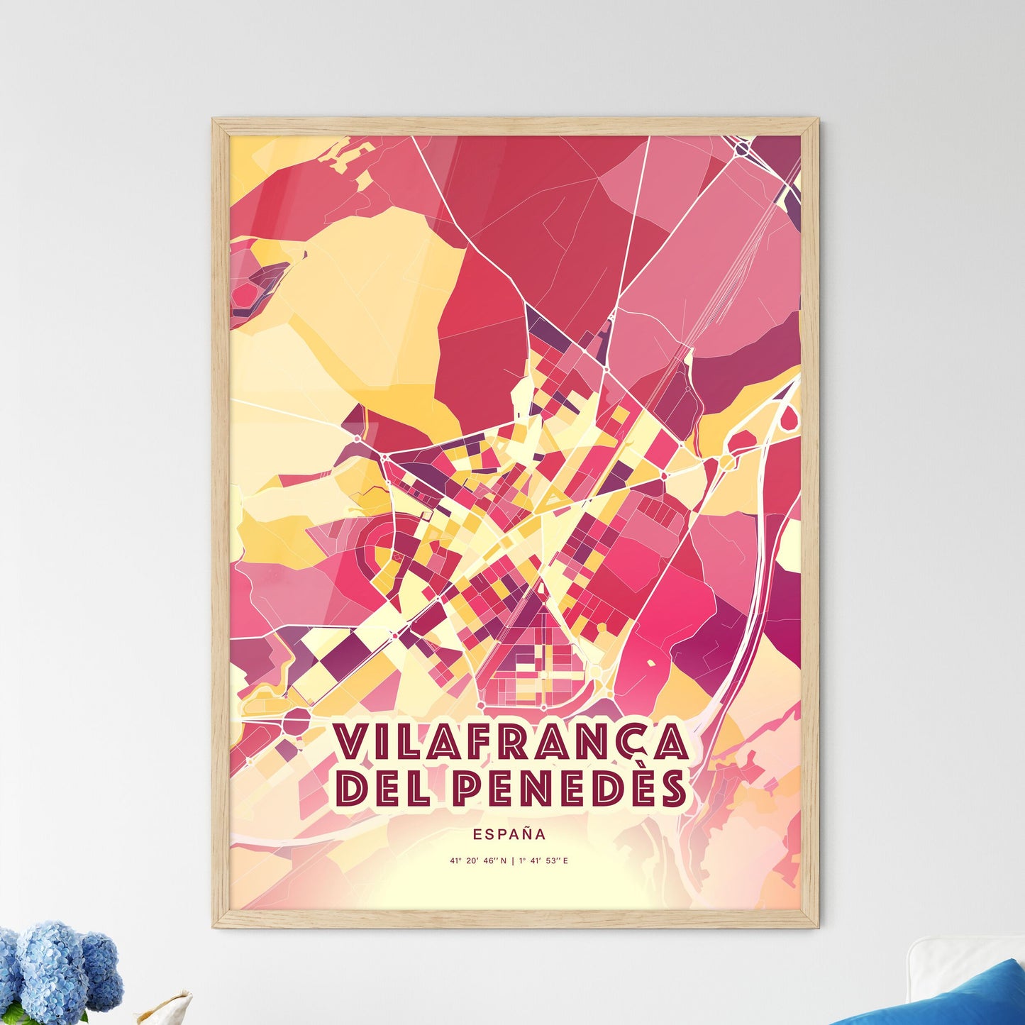 Colorful VILAFRANCA DEL PENEDÈS SPAIN Fine Art Map Hot Red