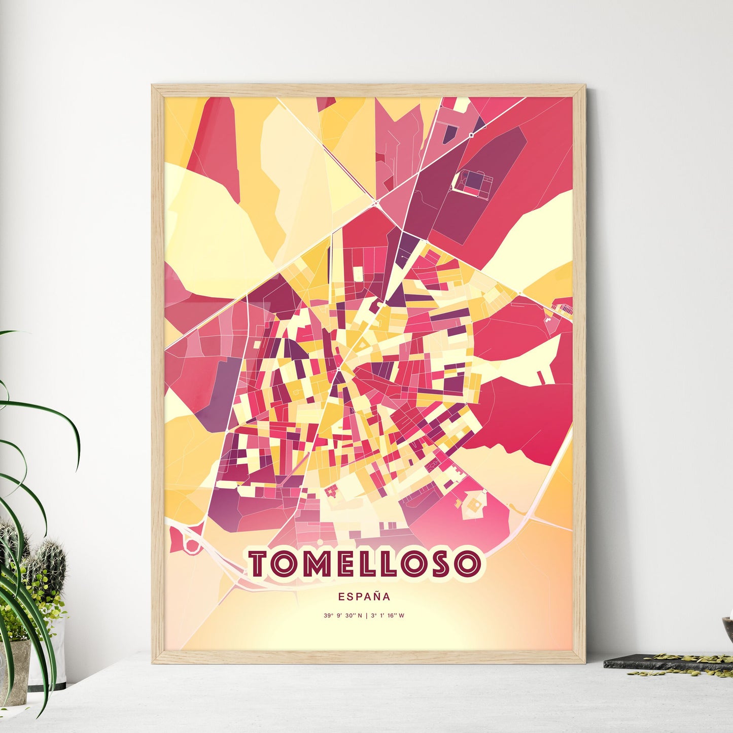 Colorful TOMELLOSO SPAIN Fine Art Map Hot Red