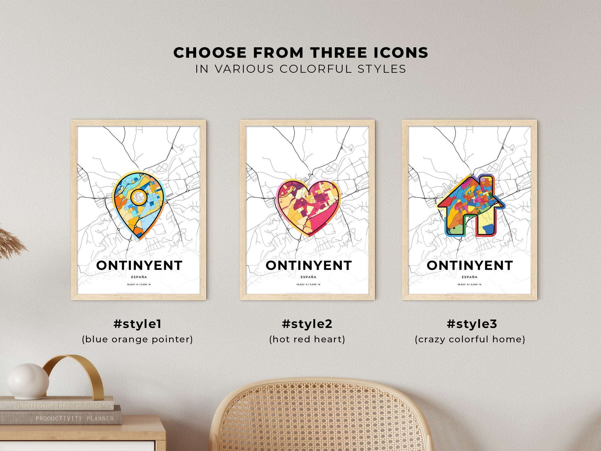 Ontinyent Spain maps with colorful icons