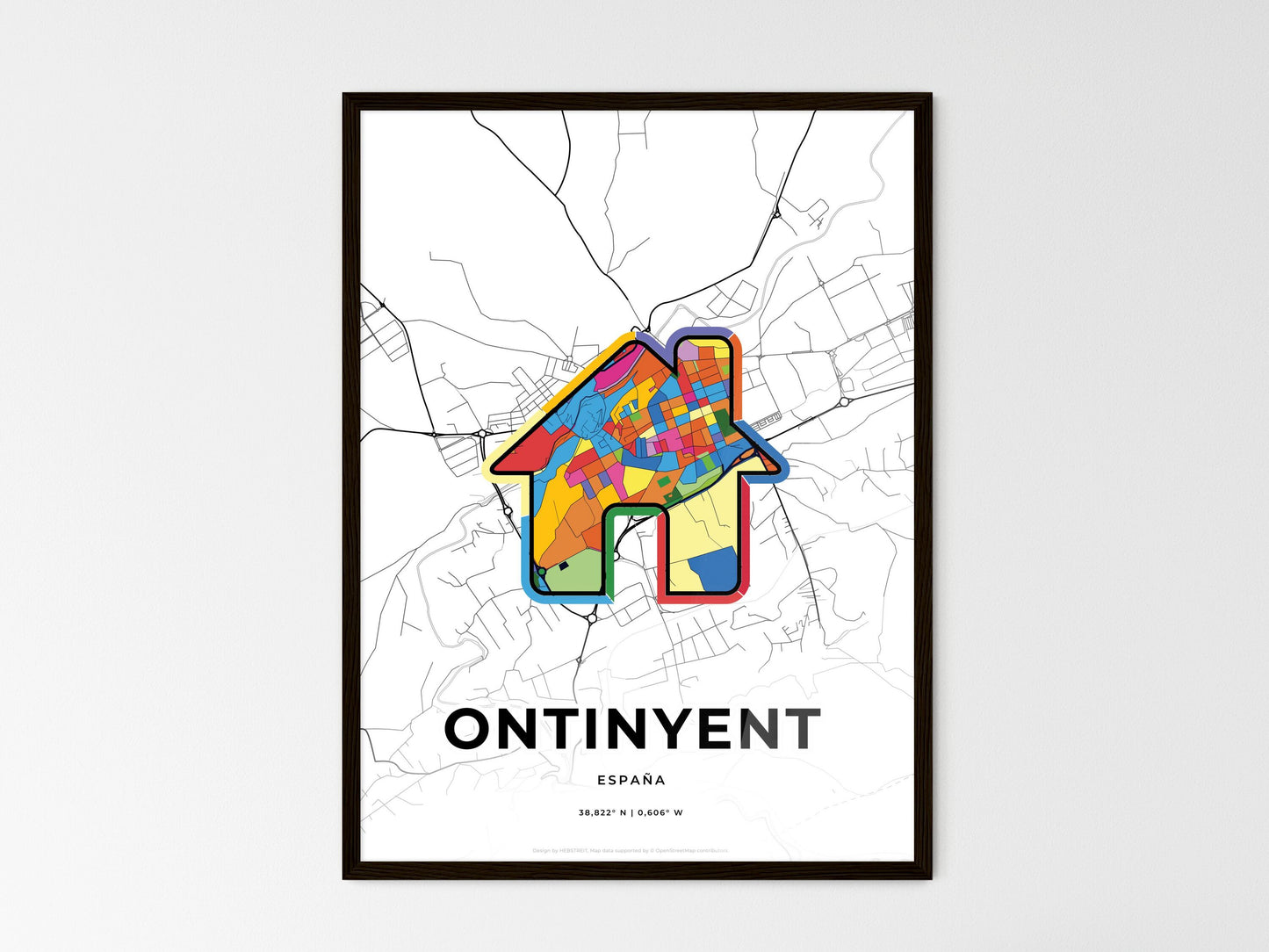 Ontinyent Spain wedding art map with home icon