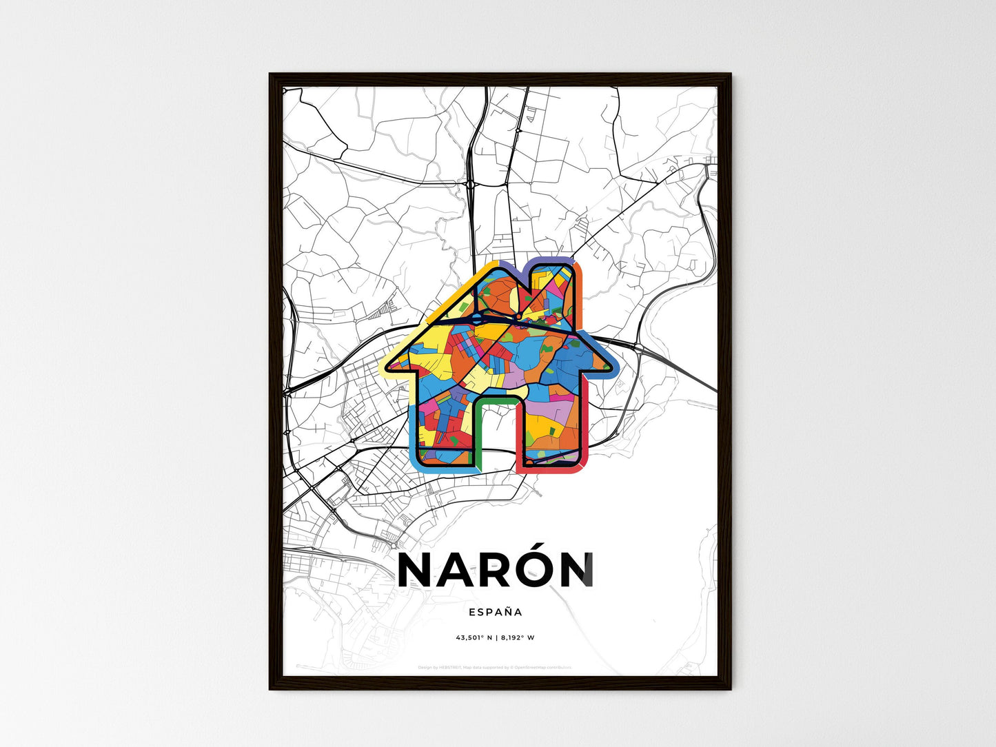 Narón Spain wedding art map with home icon