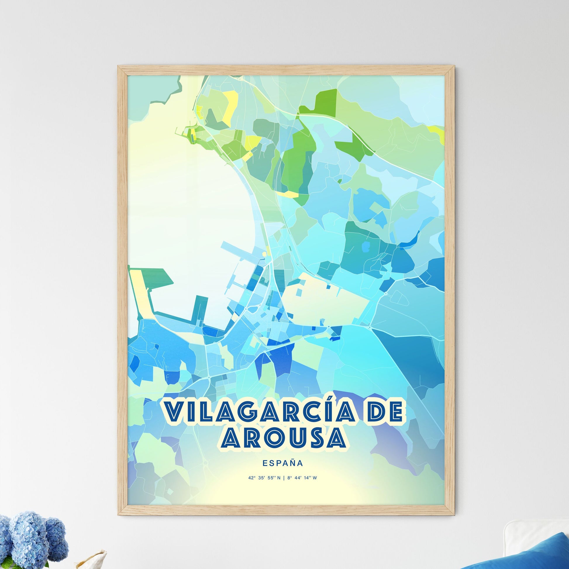 Colorful VILAGARCÍA DE AROUSA SPAIN Fine Art Map Cool Blue