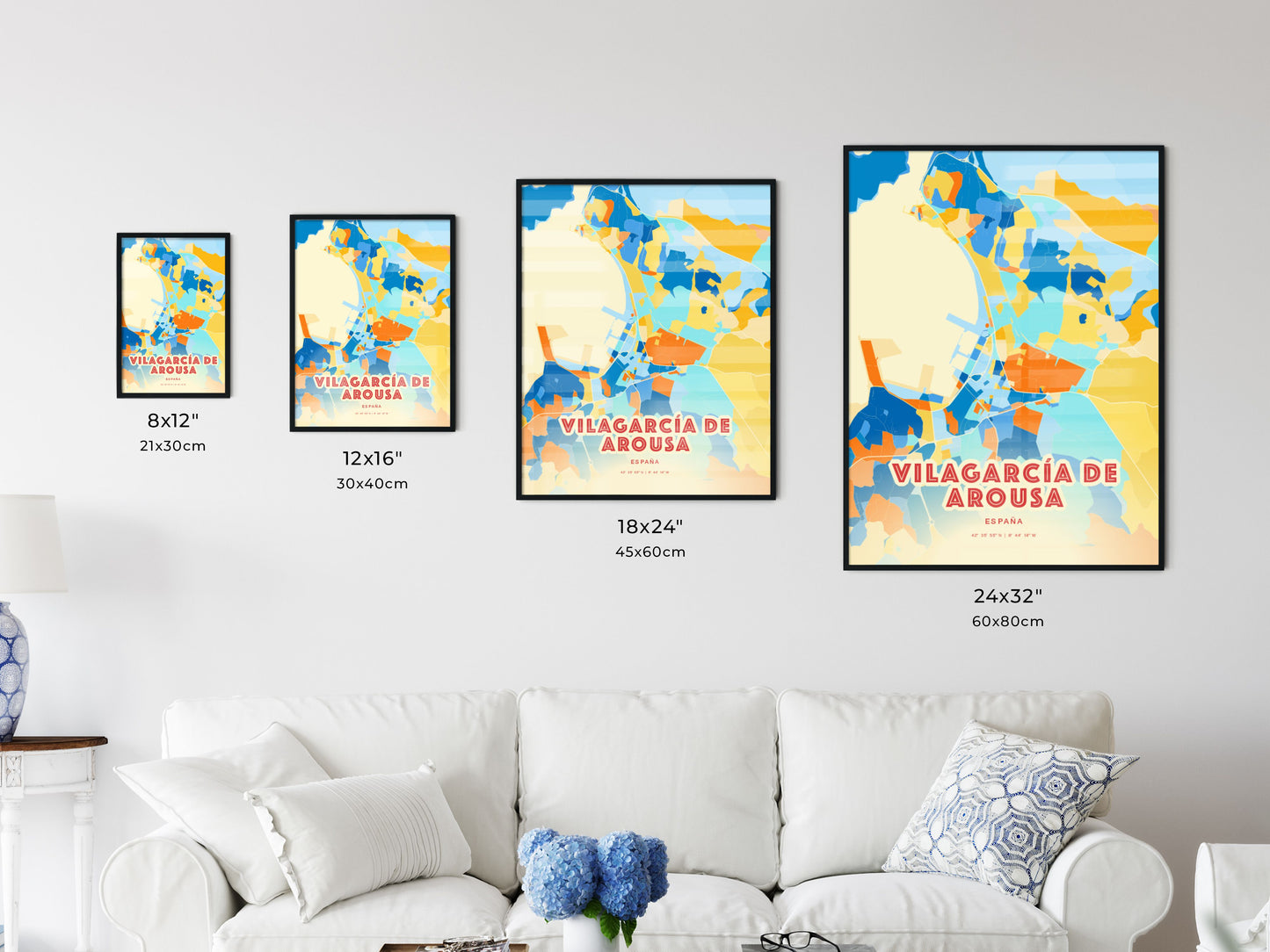 Colorful VILAGARCÍA DE AROUSA SPAIN Fine Art Map Blue Orange