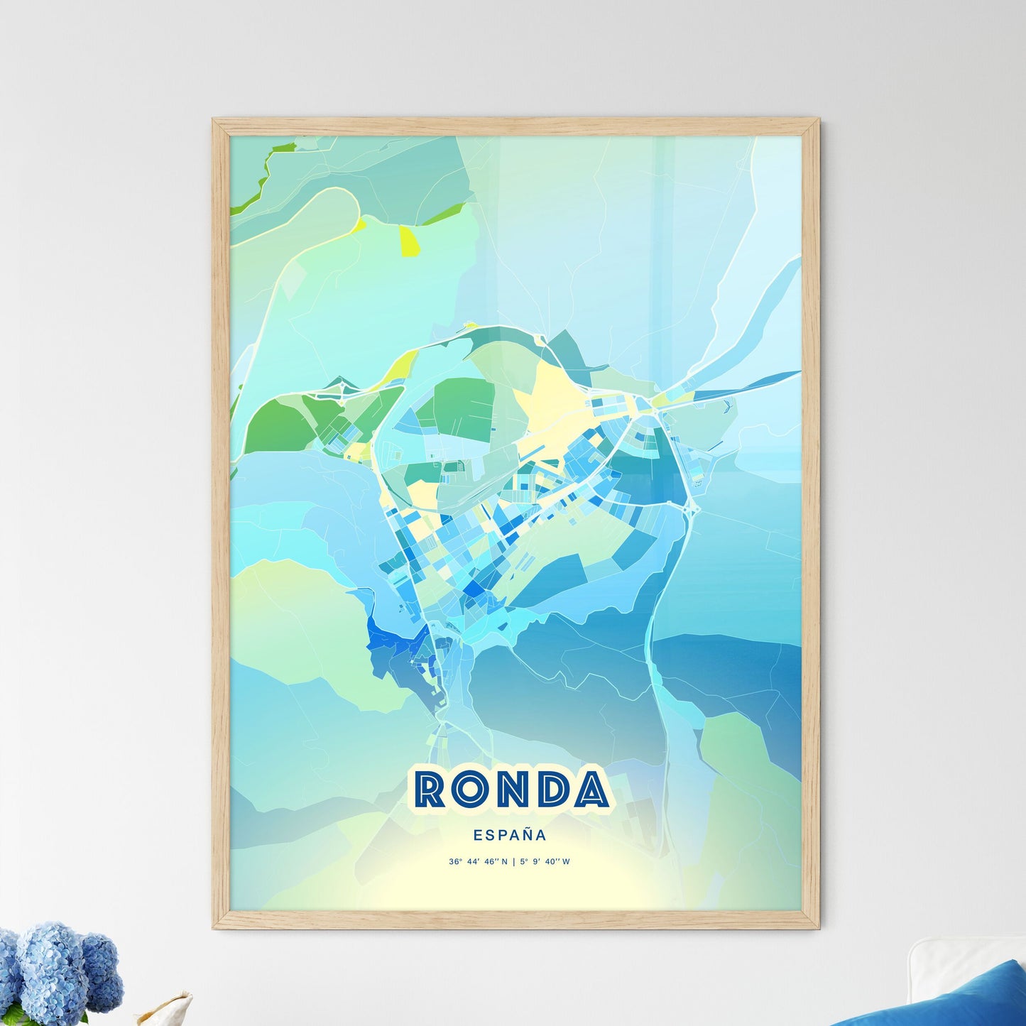 Colorful RONDA SPAIN Fine Art Map Cool Blue