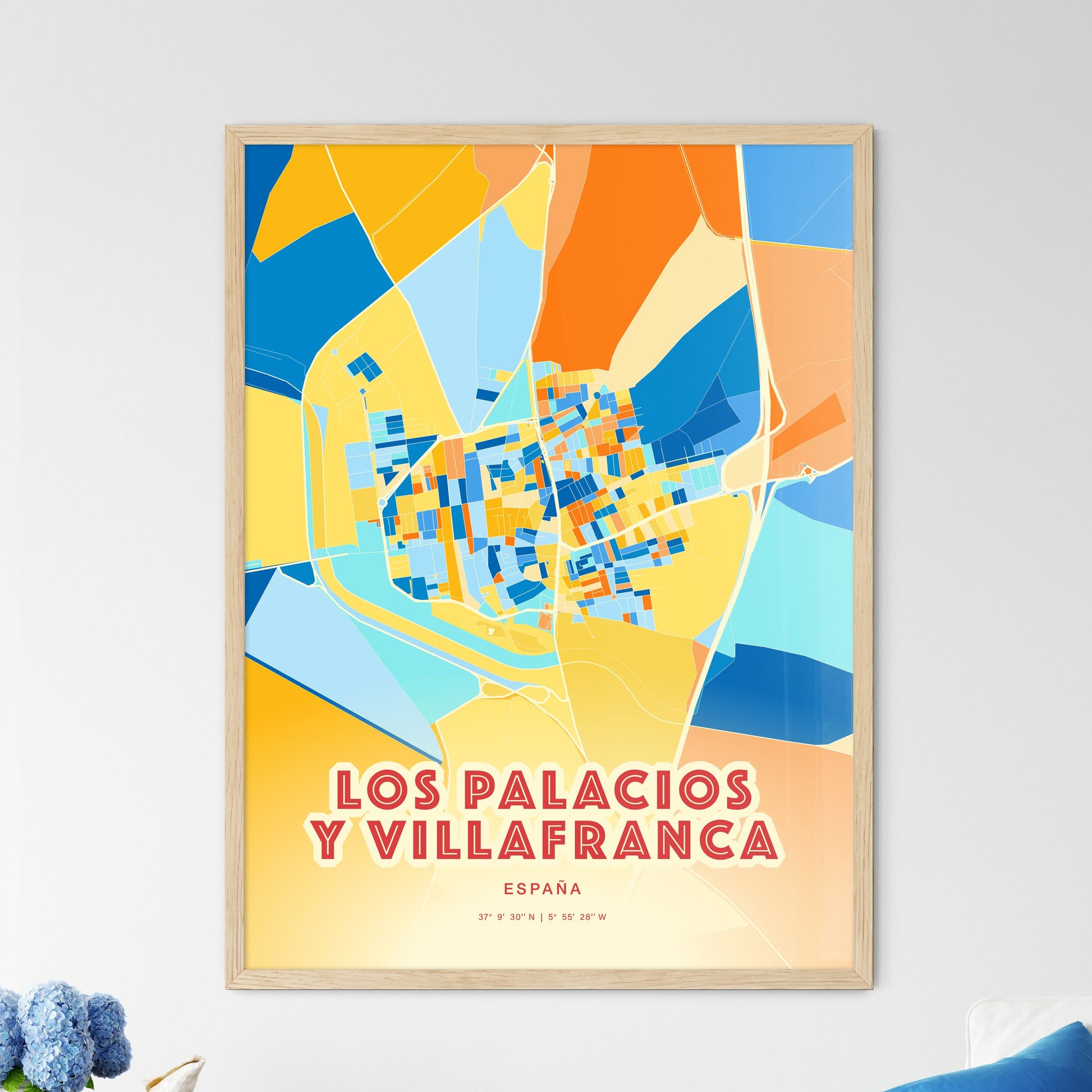 Colorful LOS PALACIOS Y VILLAFRANCA SPAIN Fine Art Map Blue Orange