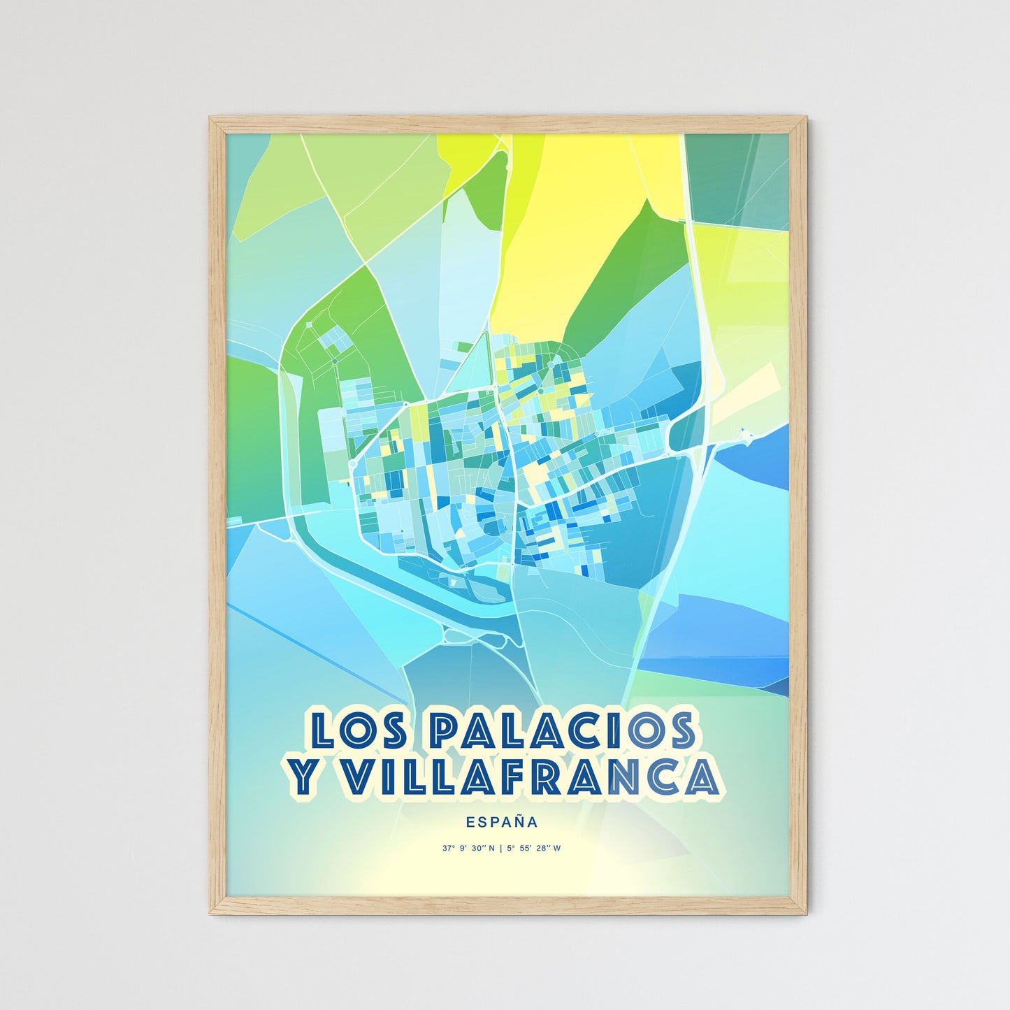 Colorful LOS PALACIOS Y VILLAFRANCA SPAIN Fine Art Map Cool Blue