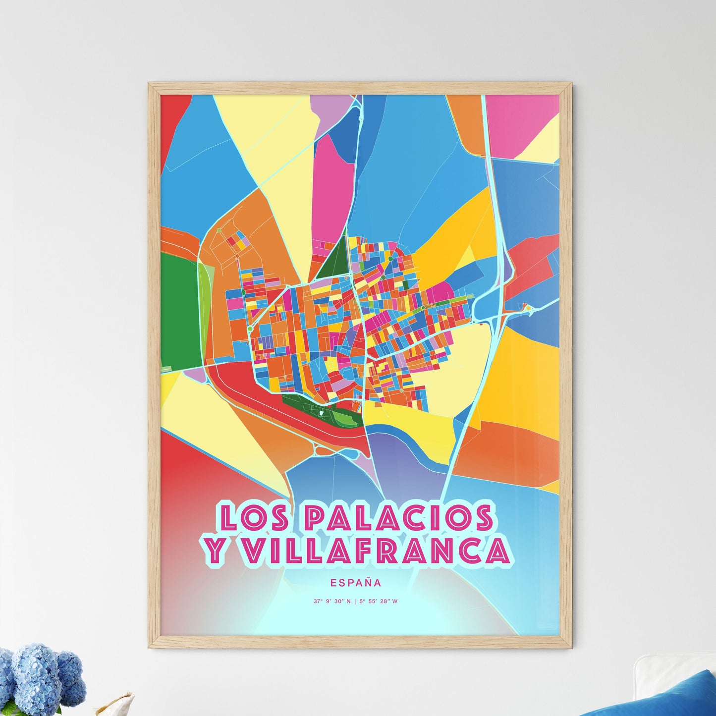 Colorful LOS PALACIOS Y VILLAFRANCA SPAIN Fine Art Map Crazy Colors