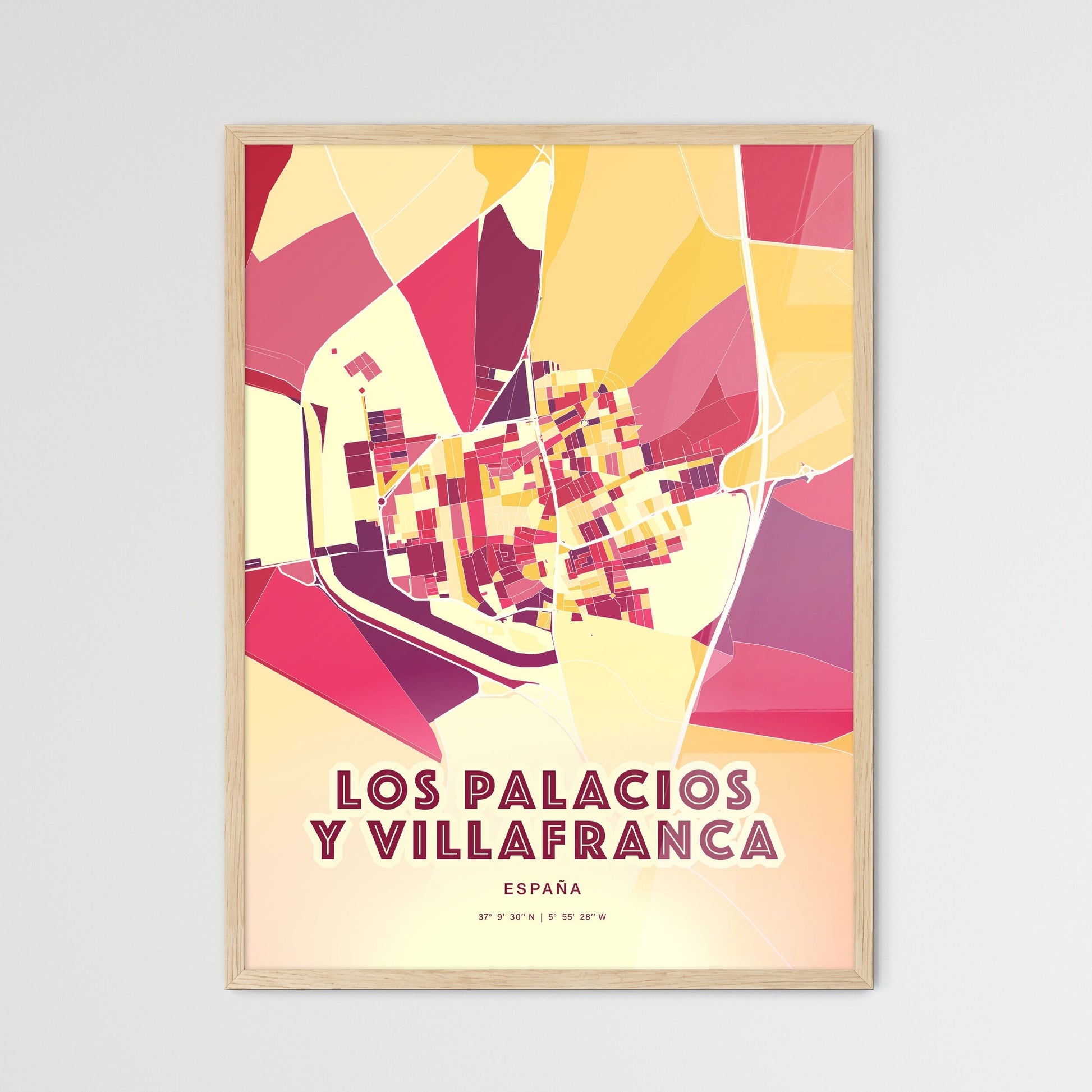 Colorful LOS PALACIOS Y VILLAFRANCA SPAIN Fine Art Map Hot Red