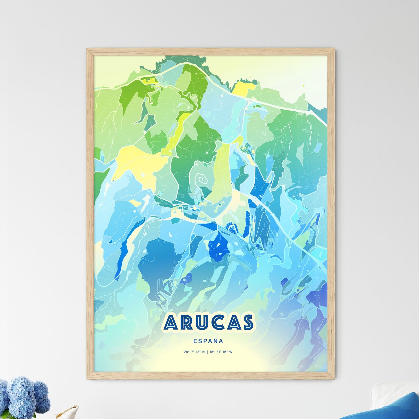 Colorful ARUCAS SPAIN Fine Art Map Cool Blue