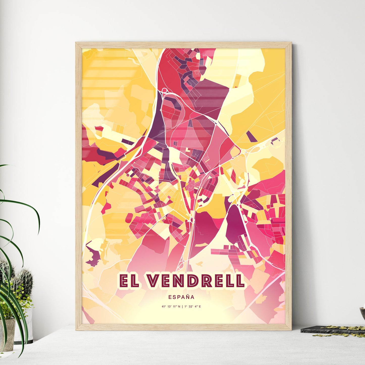 Colorful EL VENDRELL SPAIN Fine Art Map Hot Red