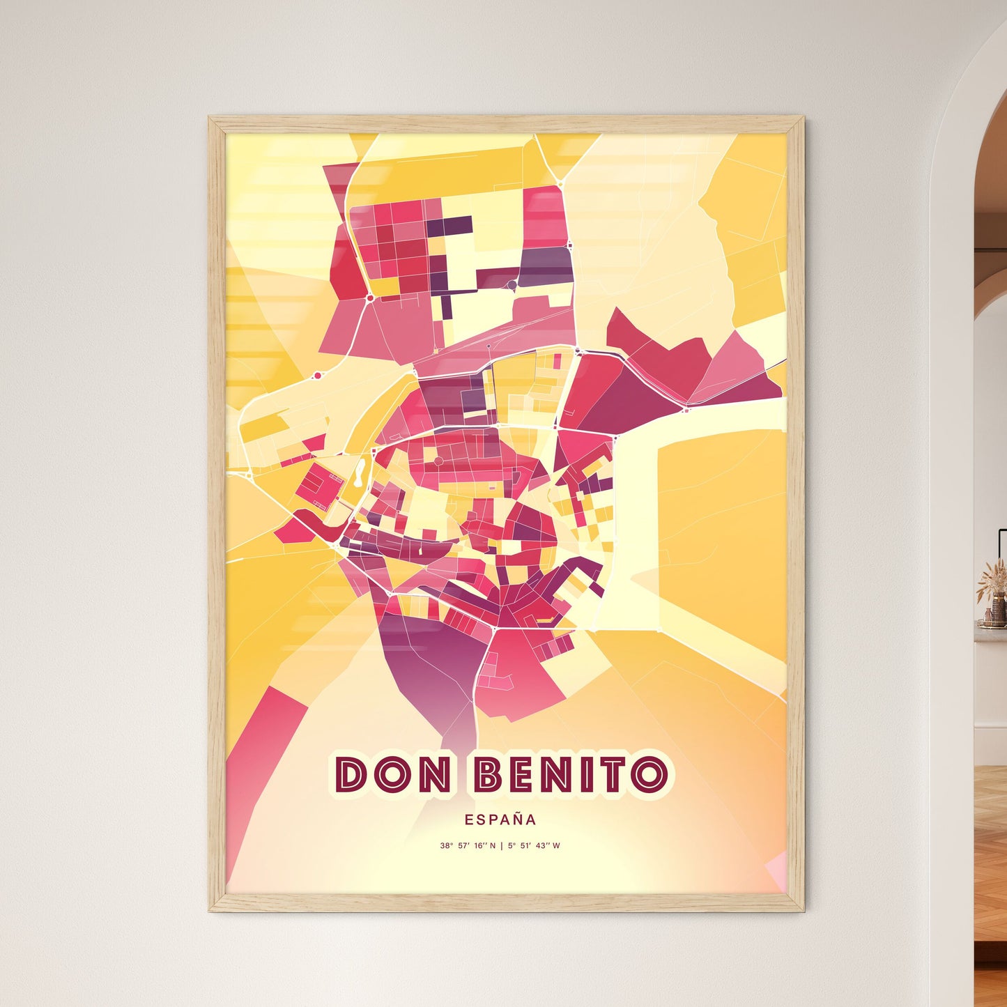 Colorful DON BENITO SPAIN Fine Art Map Hot Red