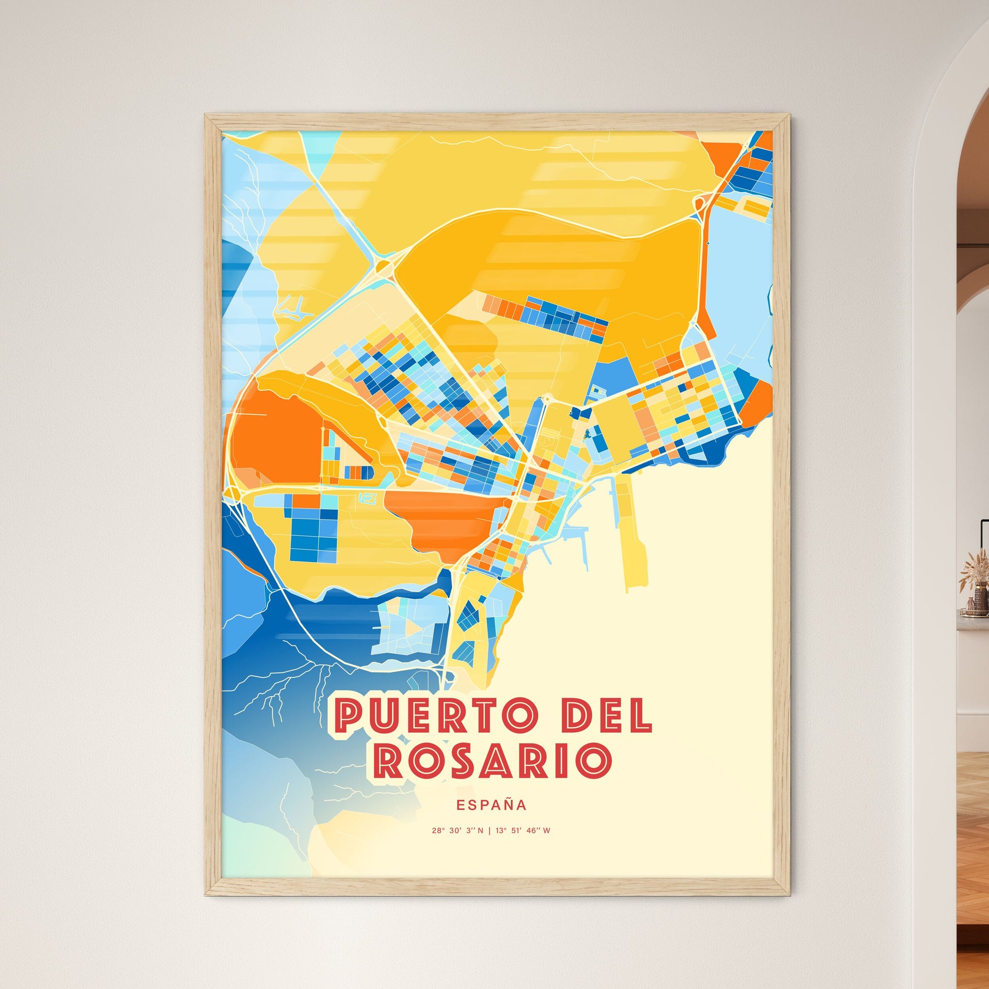 Colorful PUERTO DEL ROSARIO SPAIN Fine Art Map Blue Orange