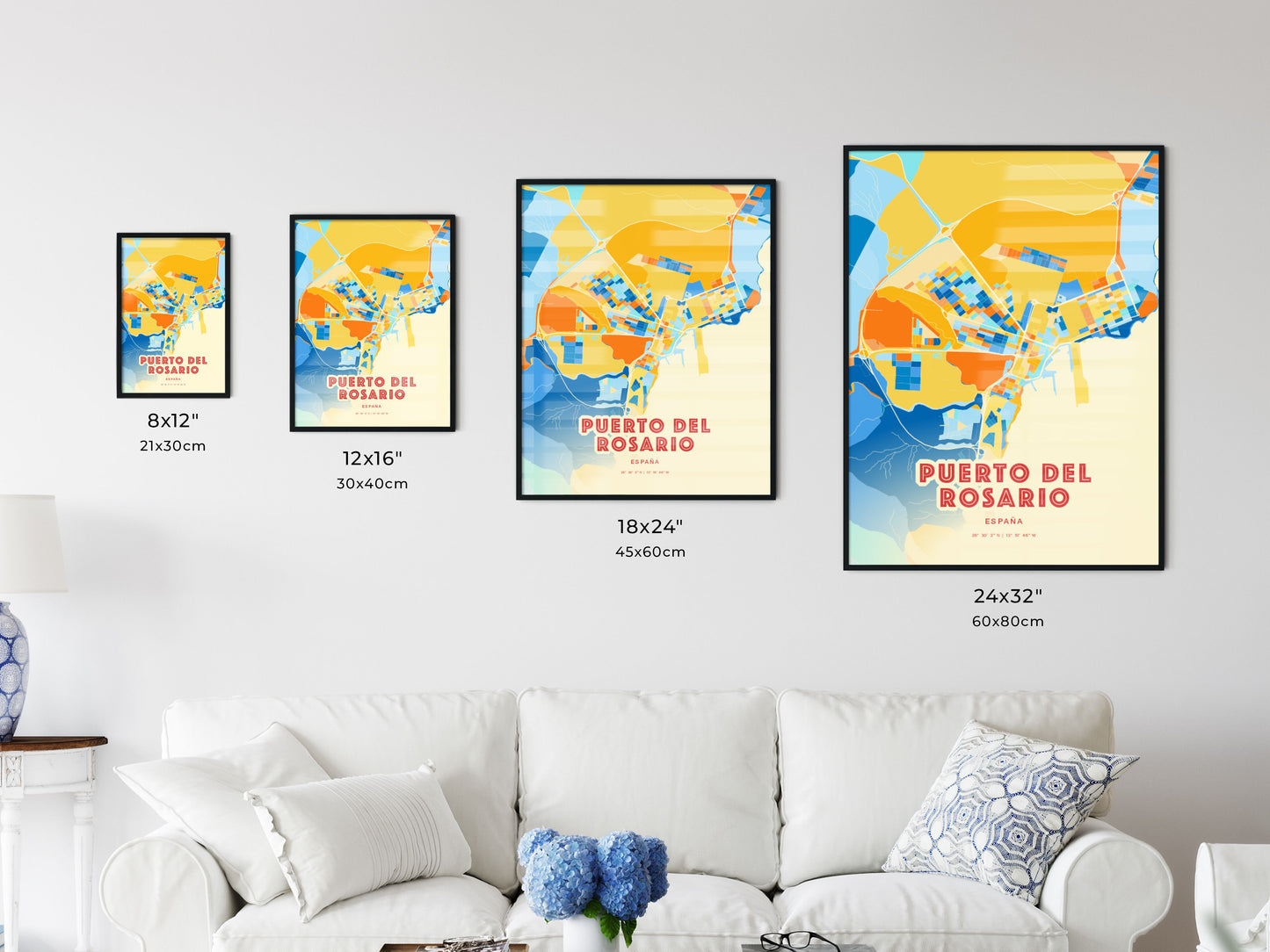 Colorful PUERTO DEL ROSARIO SPAIN Fine Art Map Blue Orange