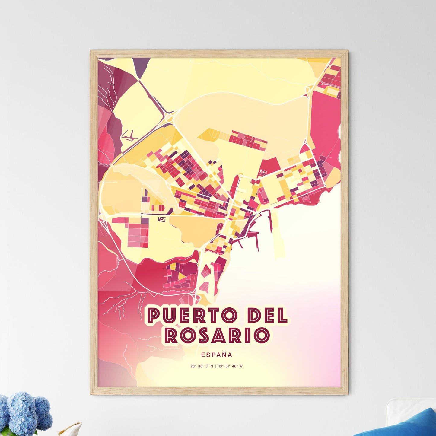 Colorful PUERTO DEL ROSARIO SPAIN Fine Art Map Hot Red