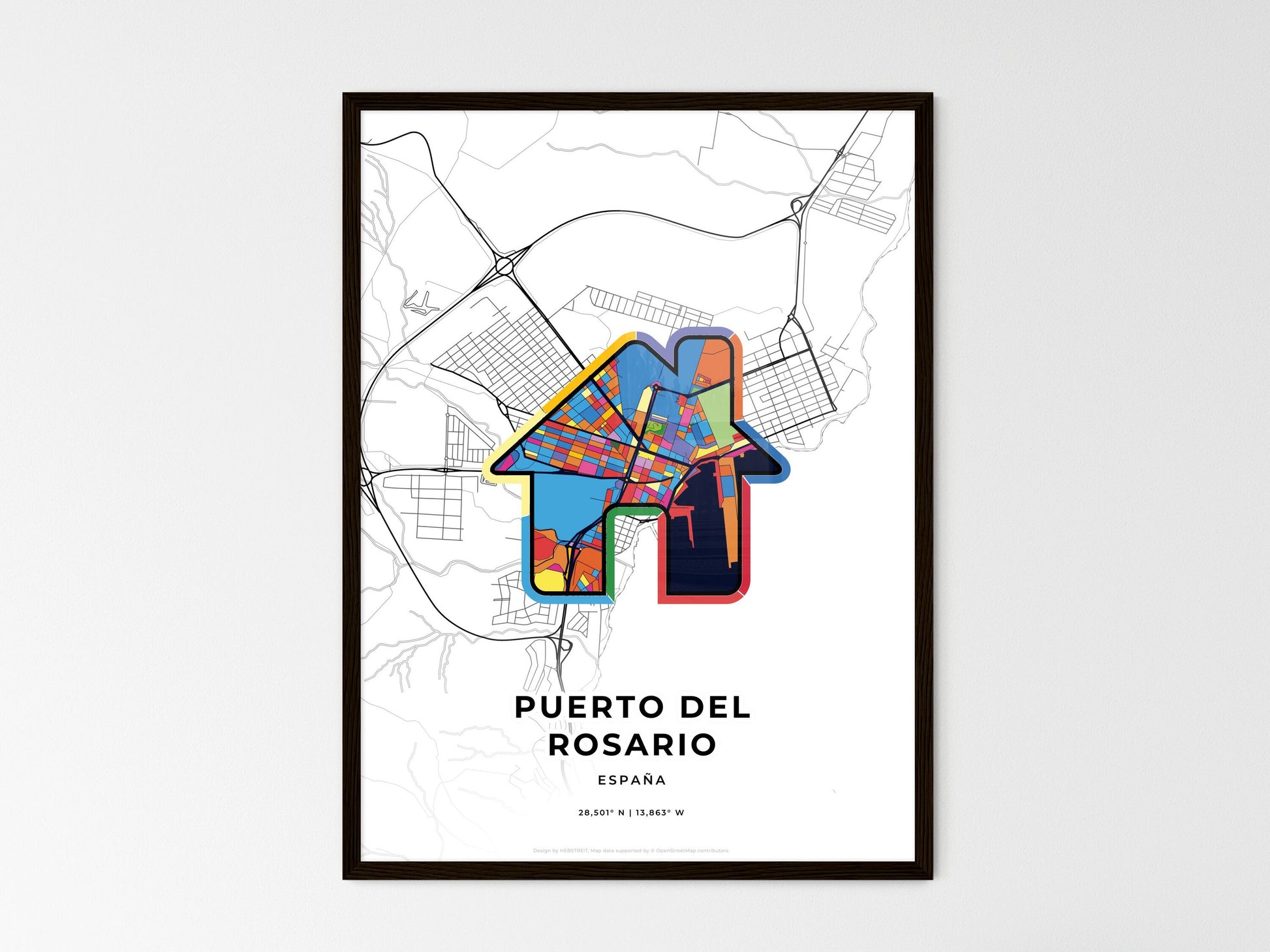 PUERTO DEL ROSARIO SPAIN minimal art map with a colorful icon. Where it all began, Couple map gift. Style 3