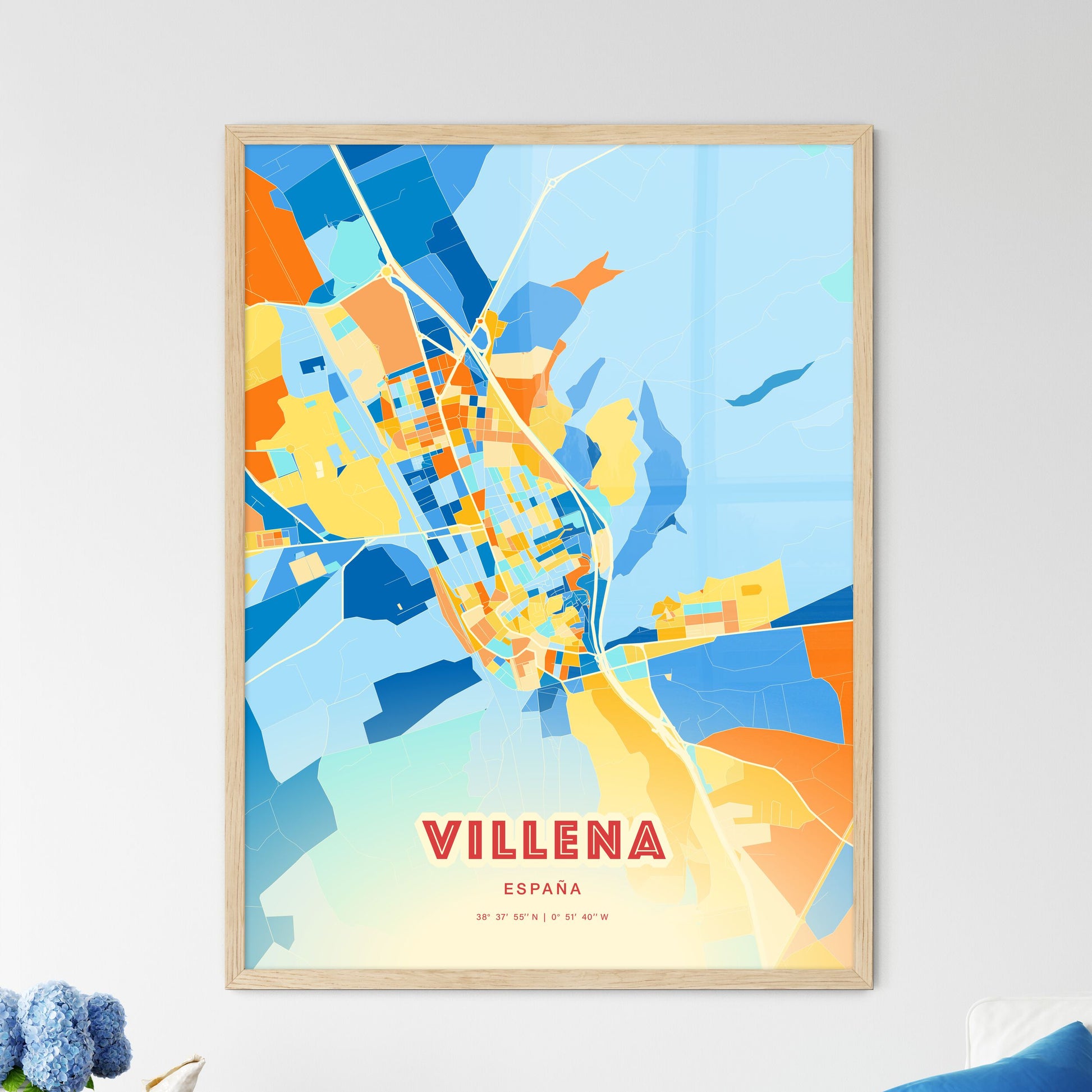 Colorful VILLENA SPAIN Fine Art Map Blue Orange