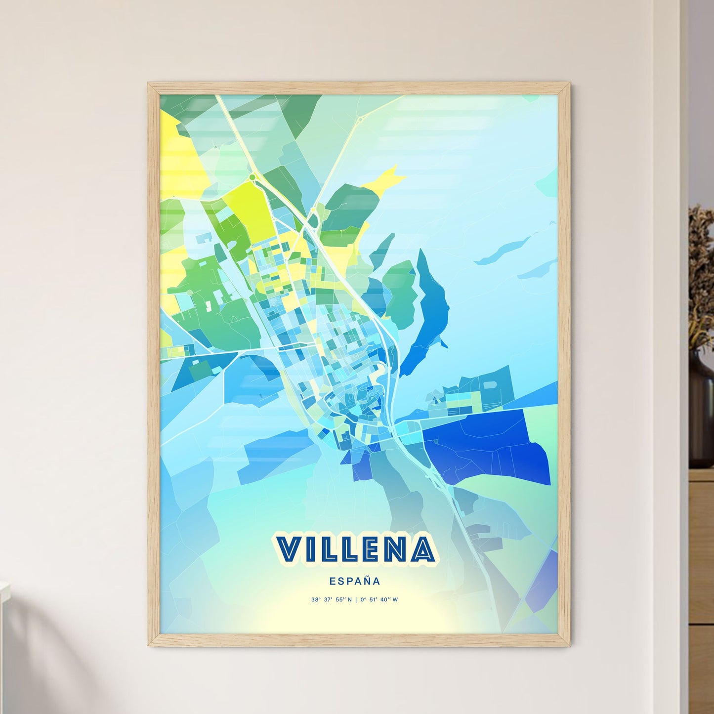 Colorful VILLENA SPAIN Fine Art Map Cool Blue