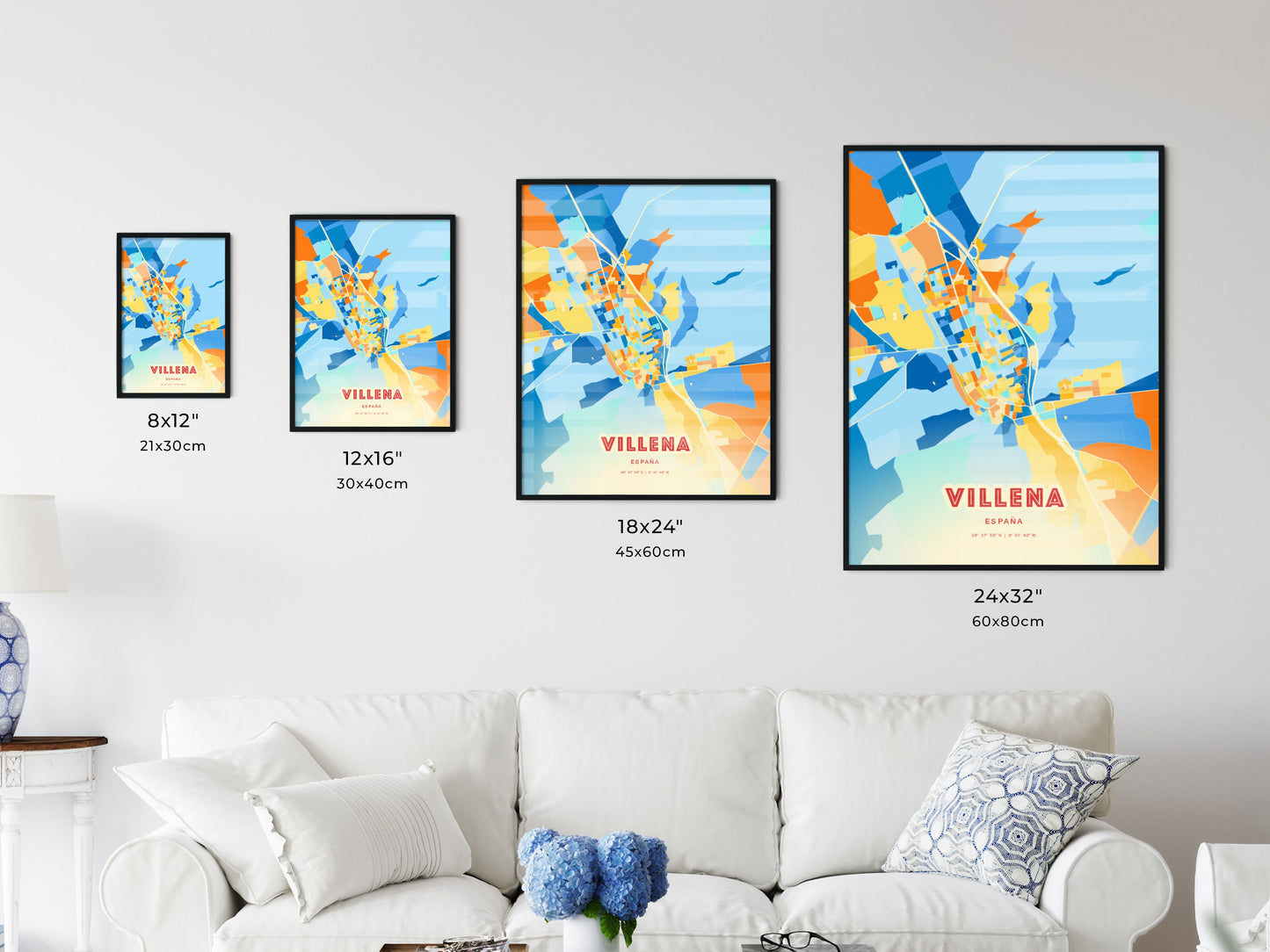 Colorful VILLENA SPAIN Fine Art Map Blue Orange