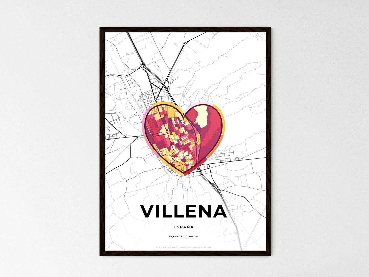 Villena Spain wedding art map with heart icon