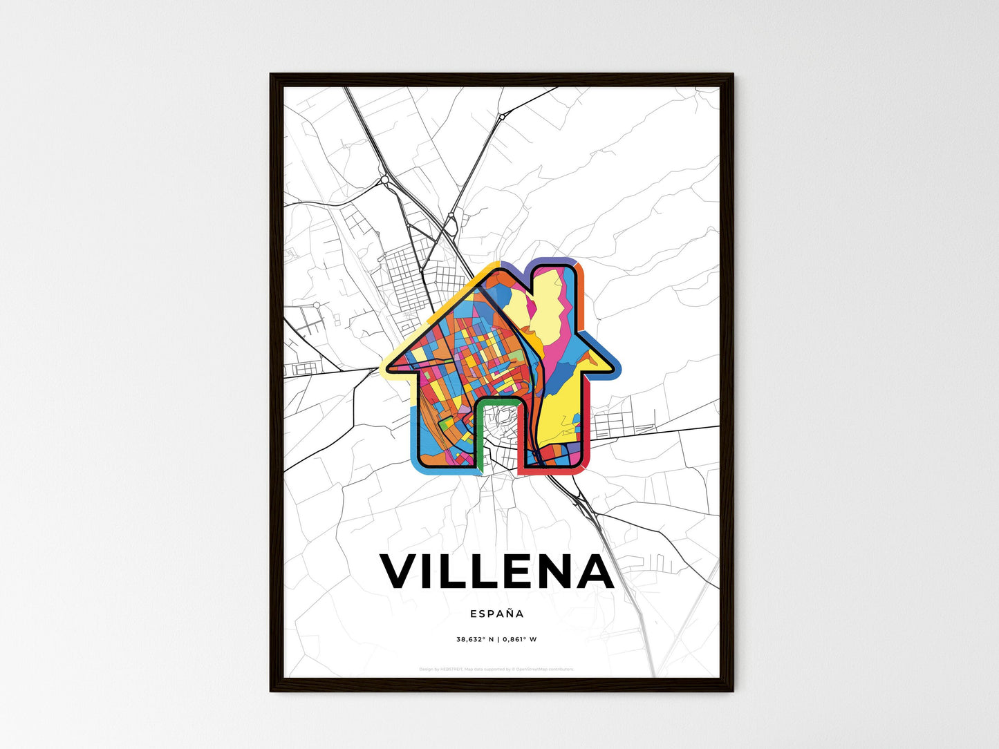 Villena Spain wedding art map with home icon