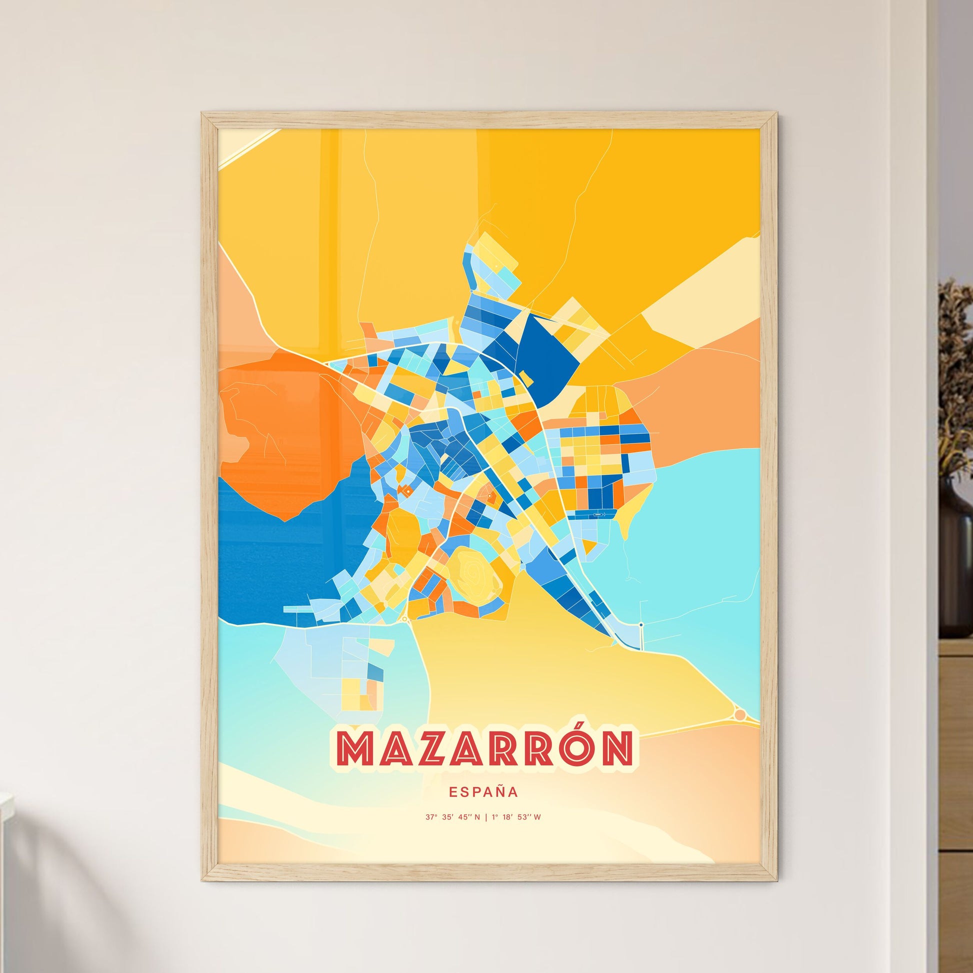 Colorful MAZARRÓN SPAIN Fine Art Map Blue Orange