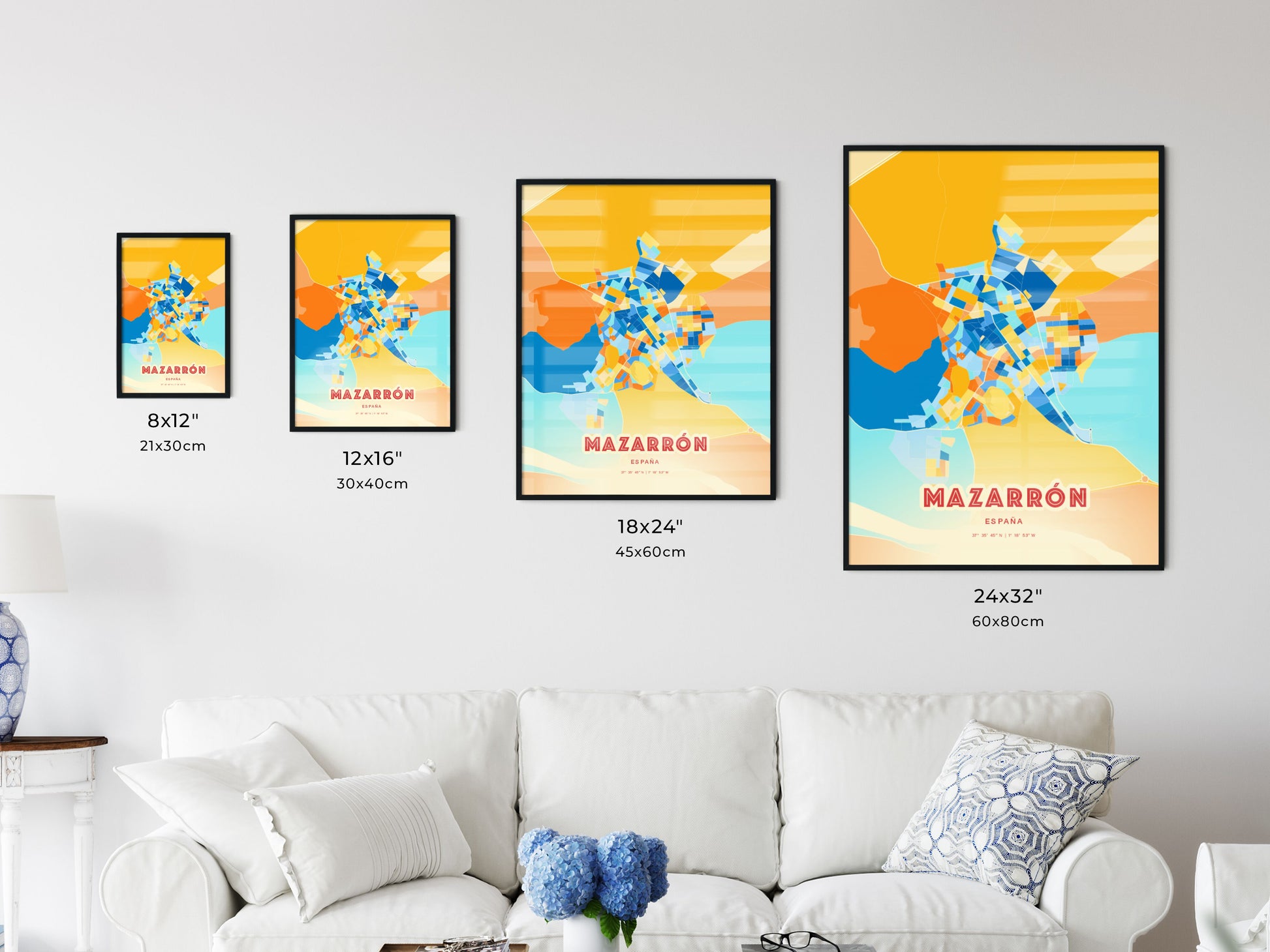 Colorful MAZARRÓN SPAIN Fine Art Map Blue Orange